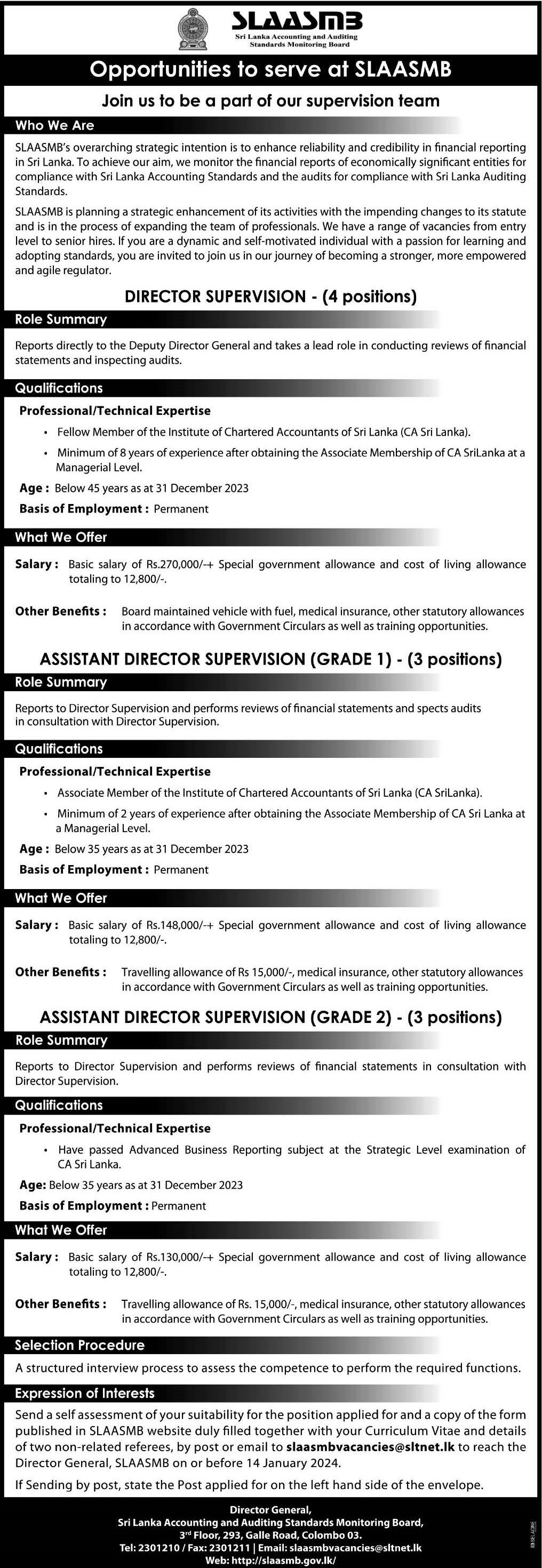 Director (Supervision), Assistant Director (Supervision) - Sri Lanka Accounting & Auditing Standards Monitoring Board