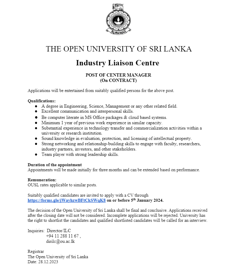 Center Manager - The Open University of Sri Lanka