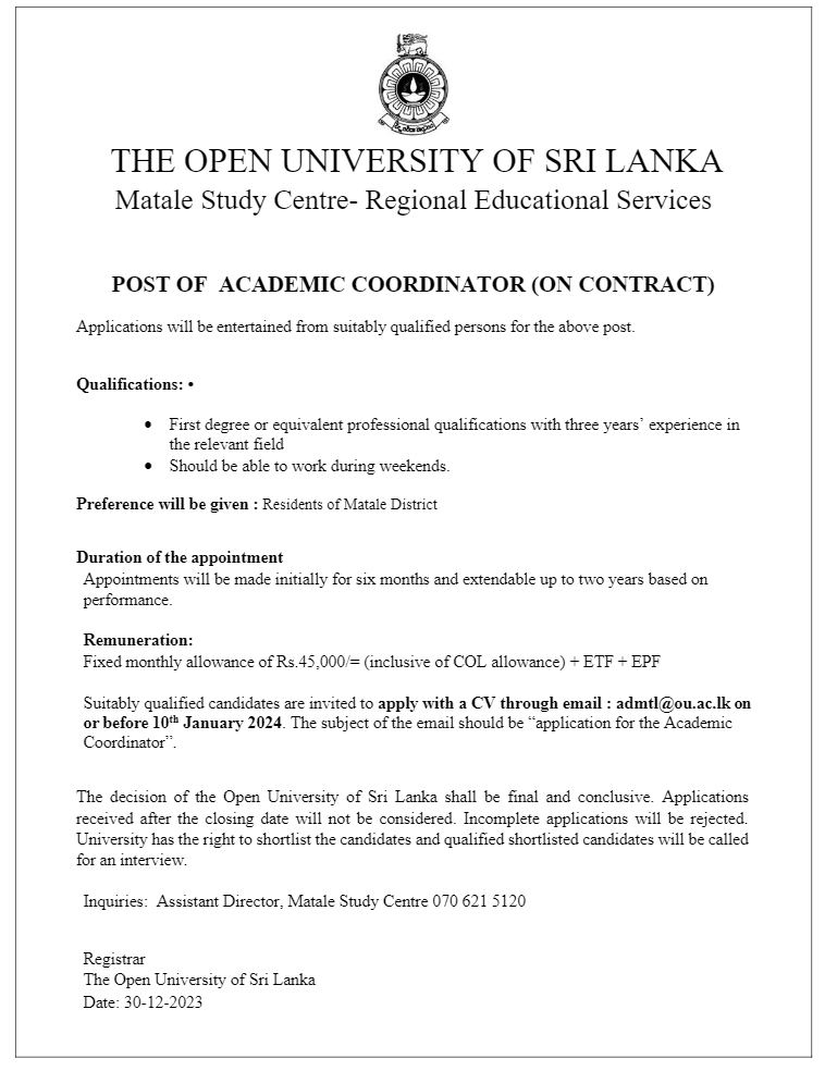 Academic Coordinator - The Open University of Sri Lanka