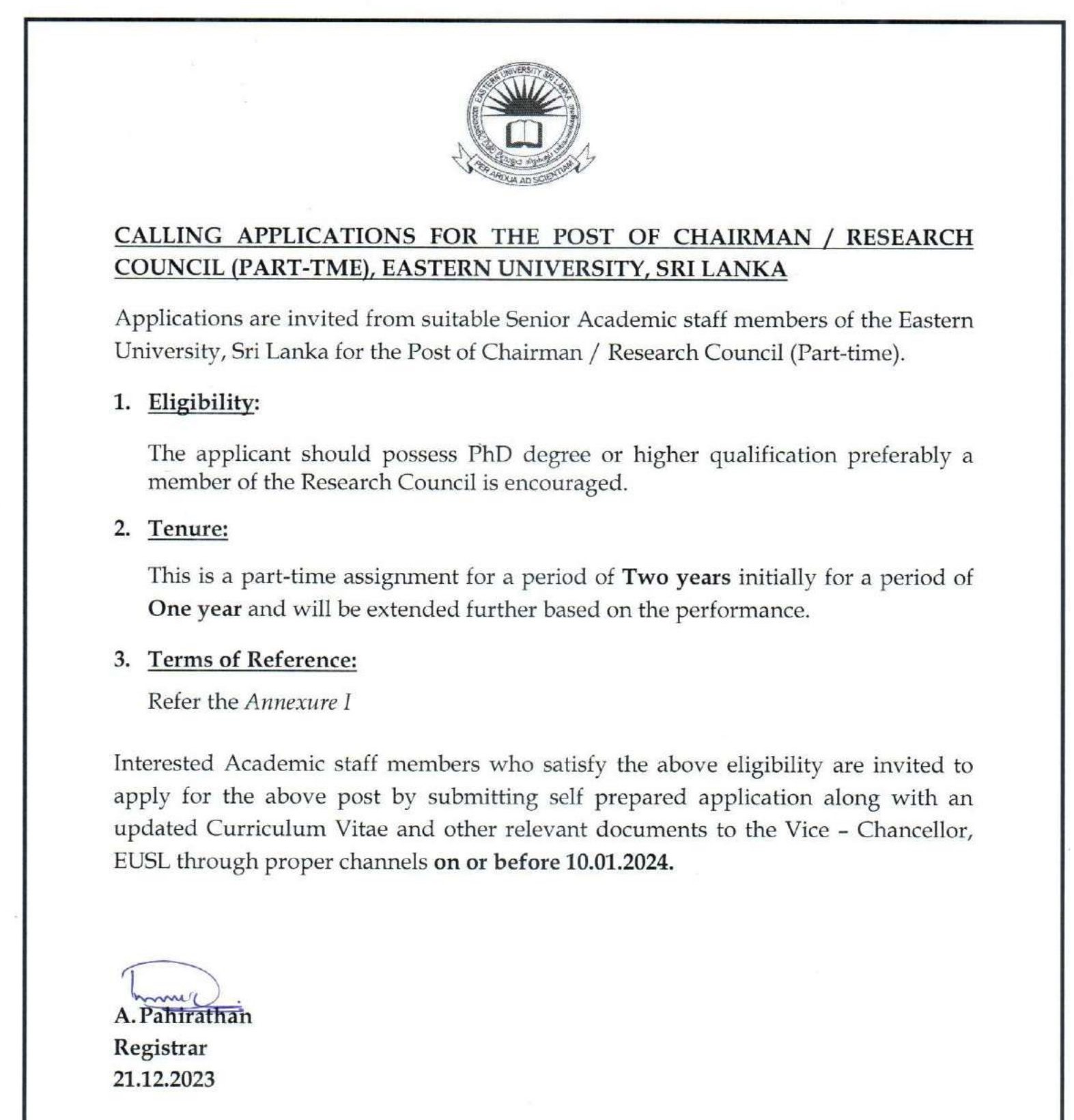 Chairman/Research Council (Partitime) - Eastern University, Sri Lanka