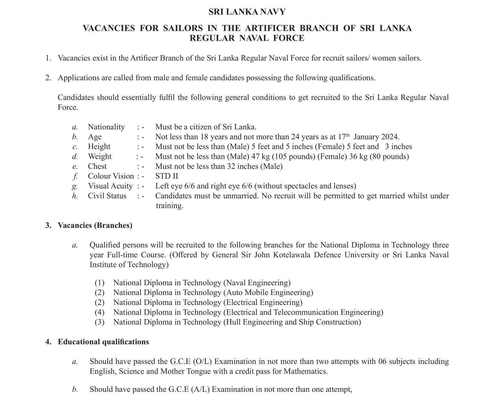 Vacancies for Sailors in the Artificer Branch - Sri Lanka Regular Naval Force