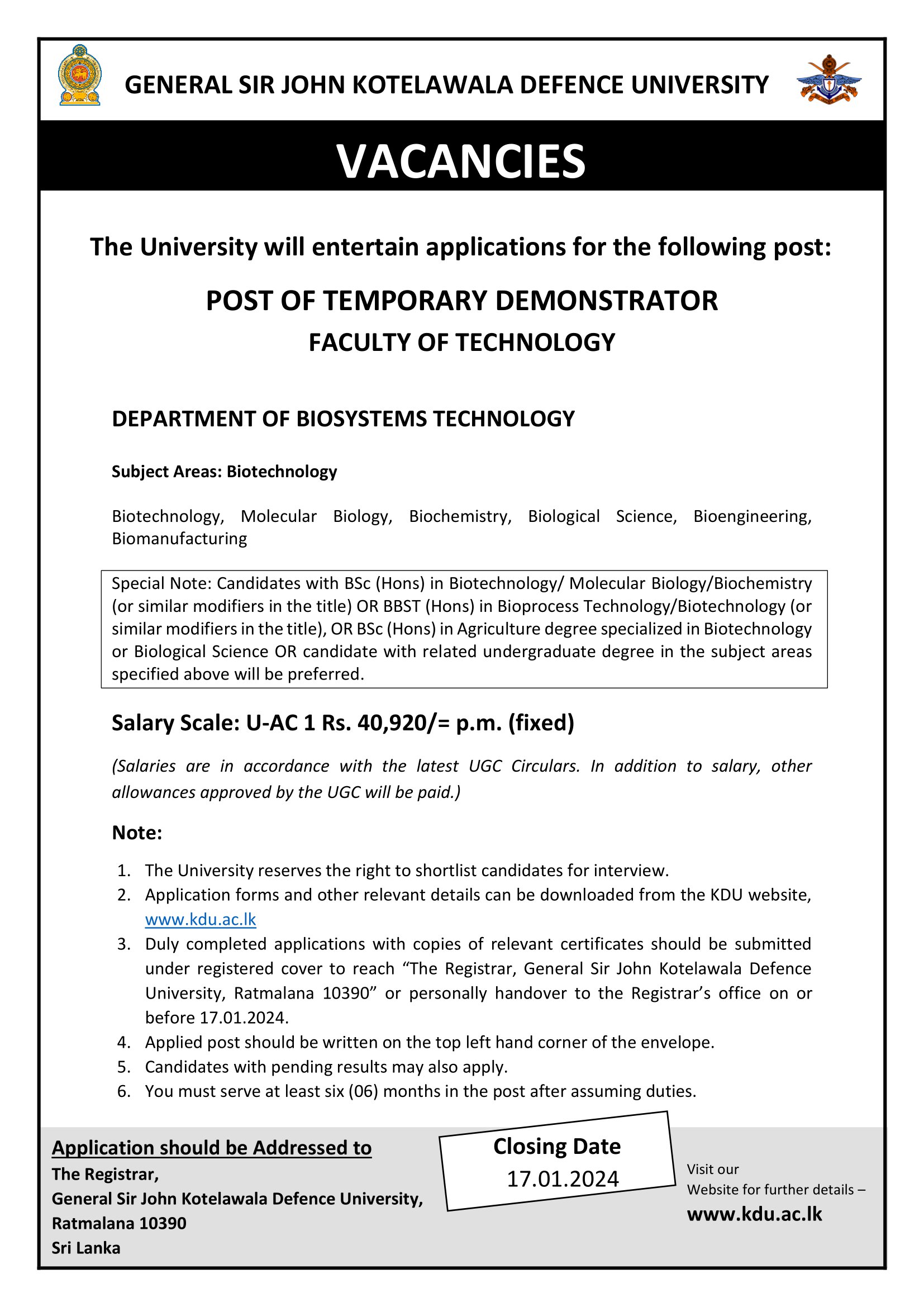 Temporary Demonstrator - General Sir John Kotelawala Defence University