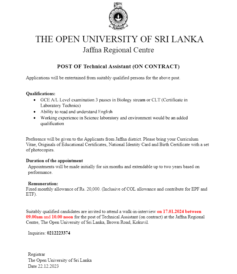 Technical Assistant, Operation Assistant - The Open University of Sri Lanka