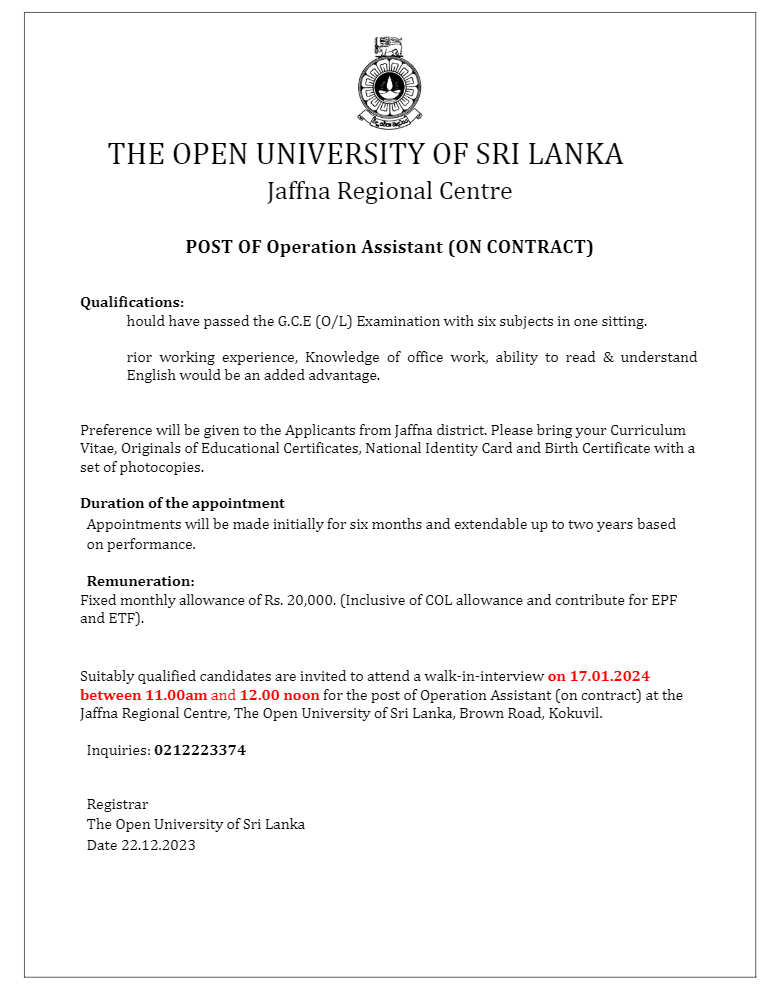 Technical Assistant, Operation Assistant - The Open University of Sri Lanka
