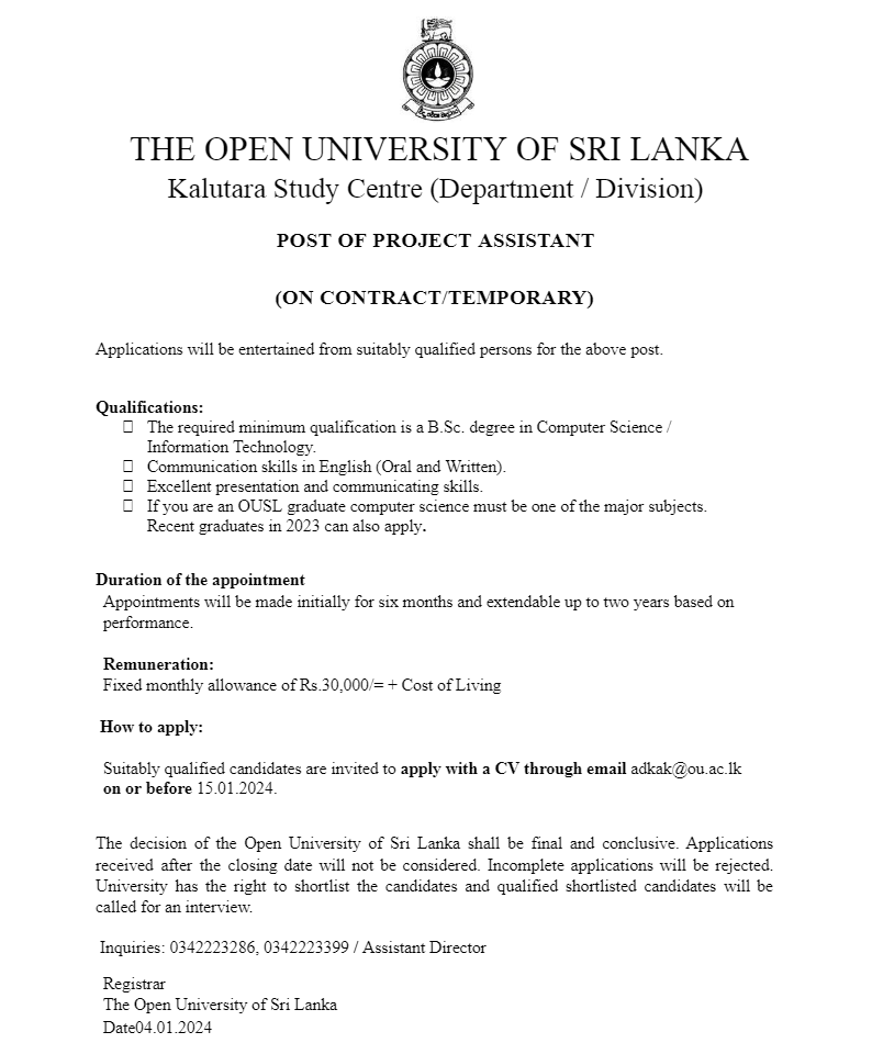 Academic Coordinator, Project Assistant, Operations Assistant - The Open University of Sri Lanka