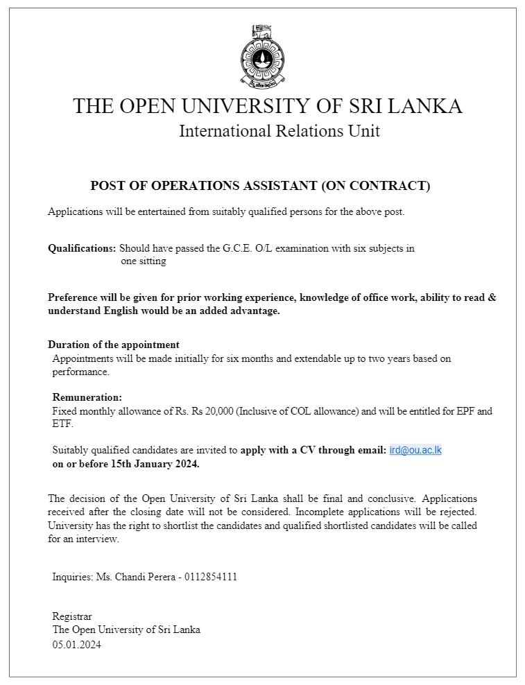 Academic Coordinator, Project Assistant, Operations Assistant - The Open University of Sri Lanka