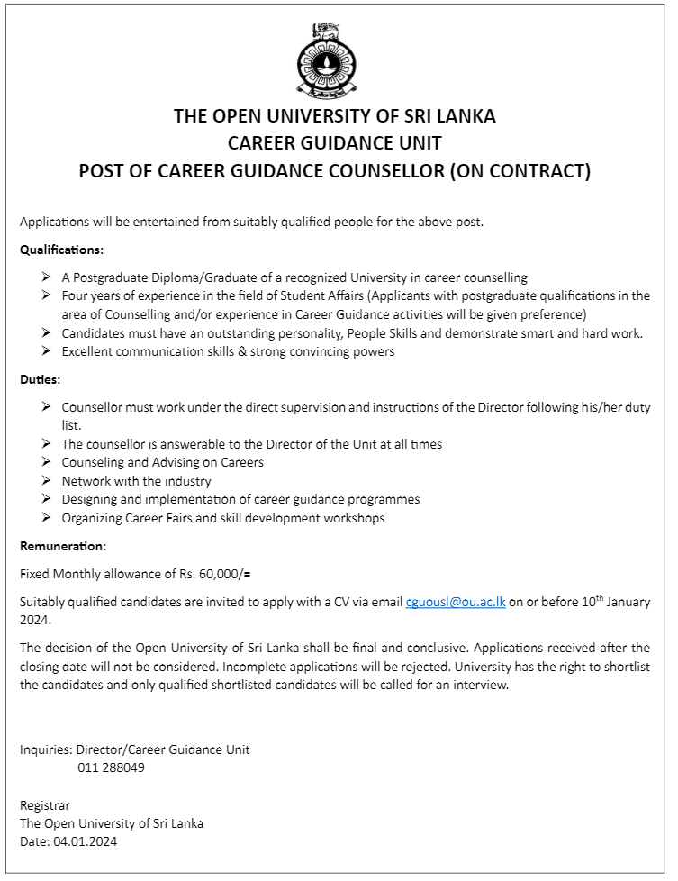 Career Guidance Counselor - The Open University of Sri Lanka