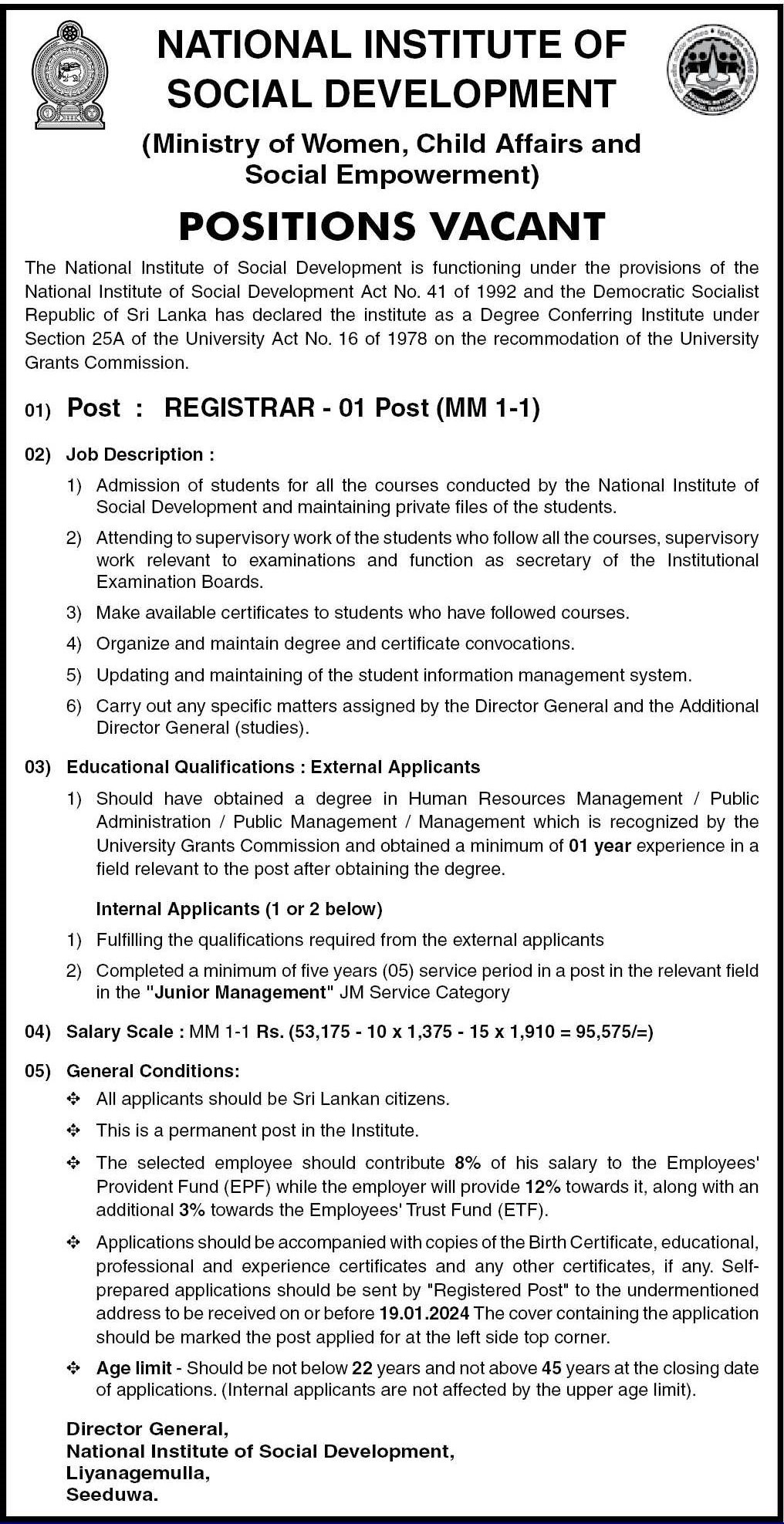 Registrar - National Institute of Social Development