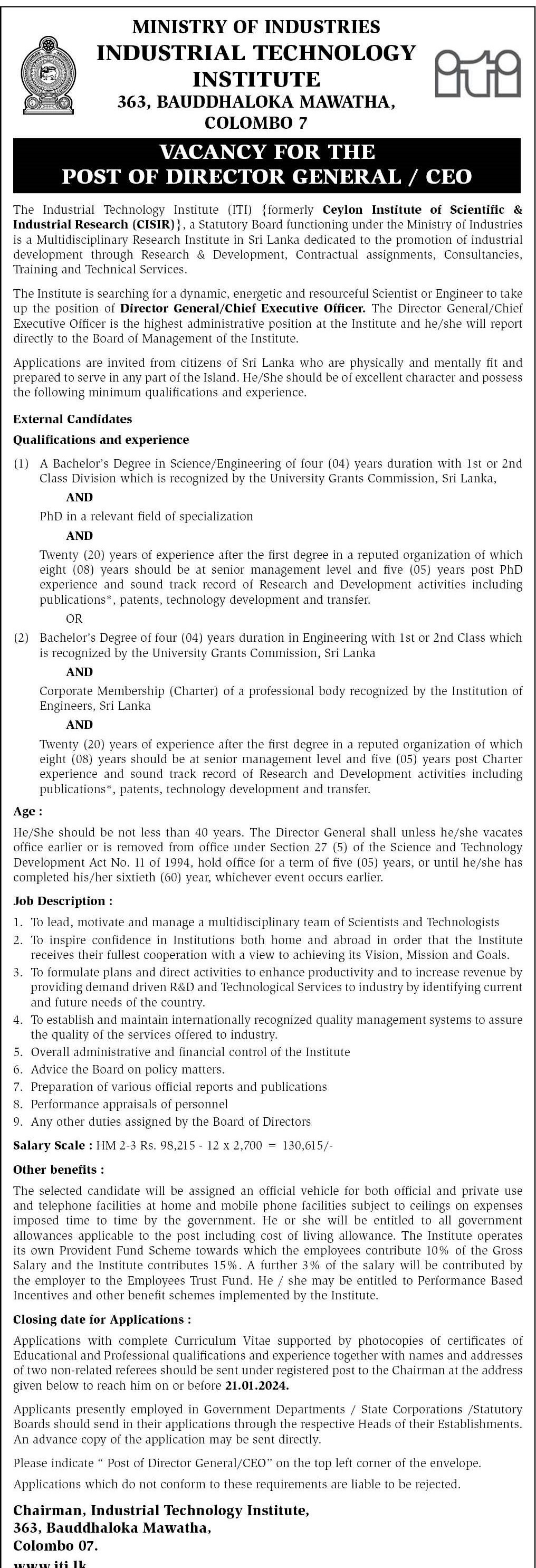 Director General/CEO - Industrial Technology Institute