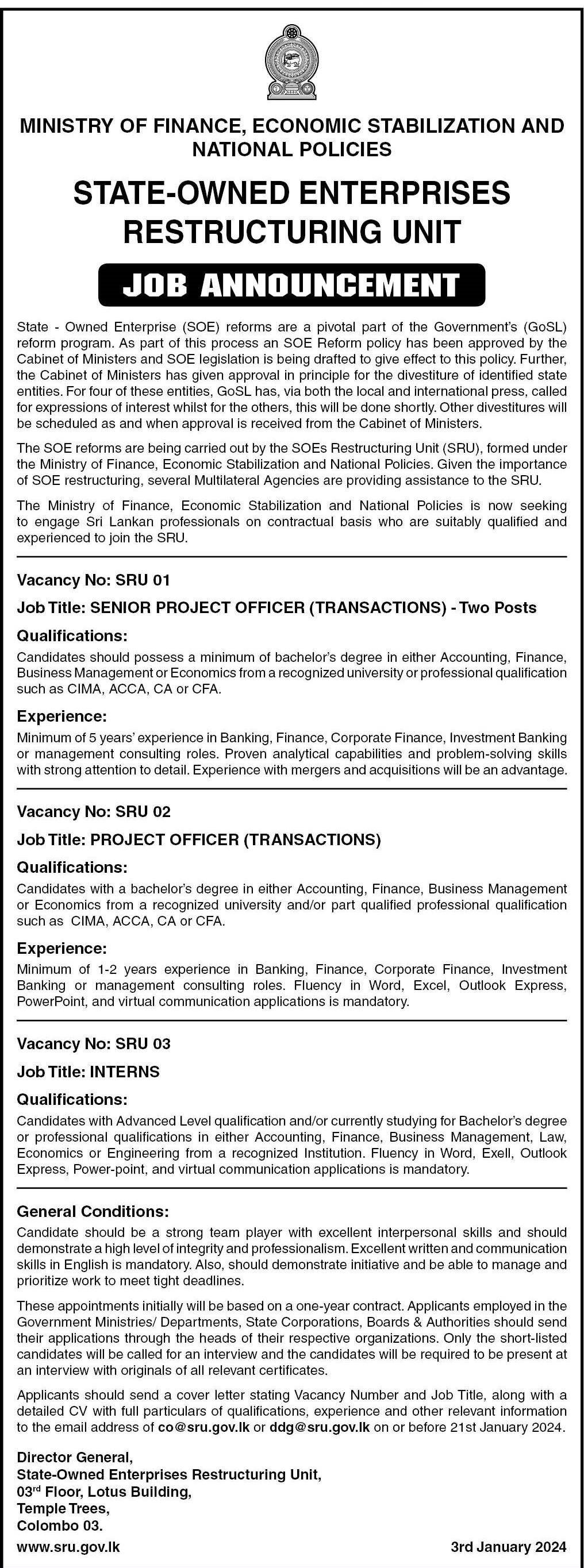 Senior Project Officer (Transactions), Project Officer (Transactions), Interns - State Owned Enterprise Restructuring Unit - Ministry of Finance