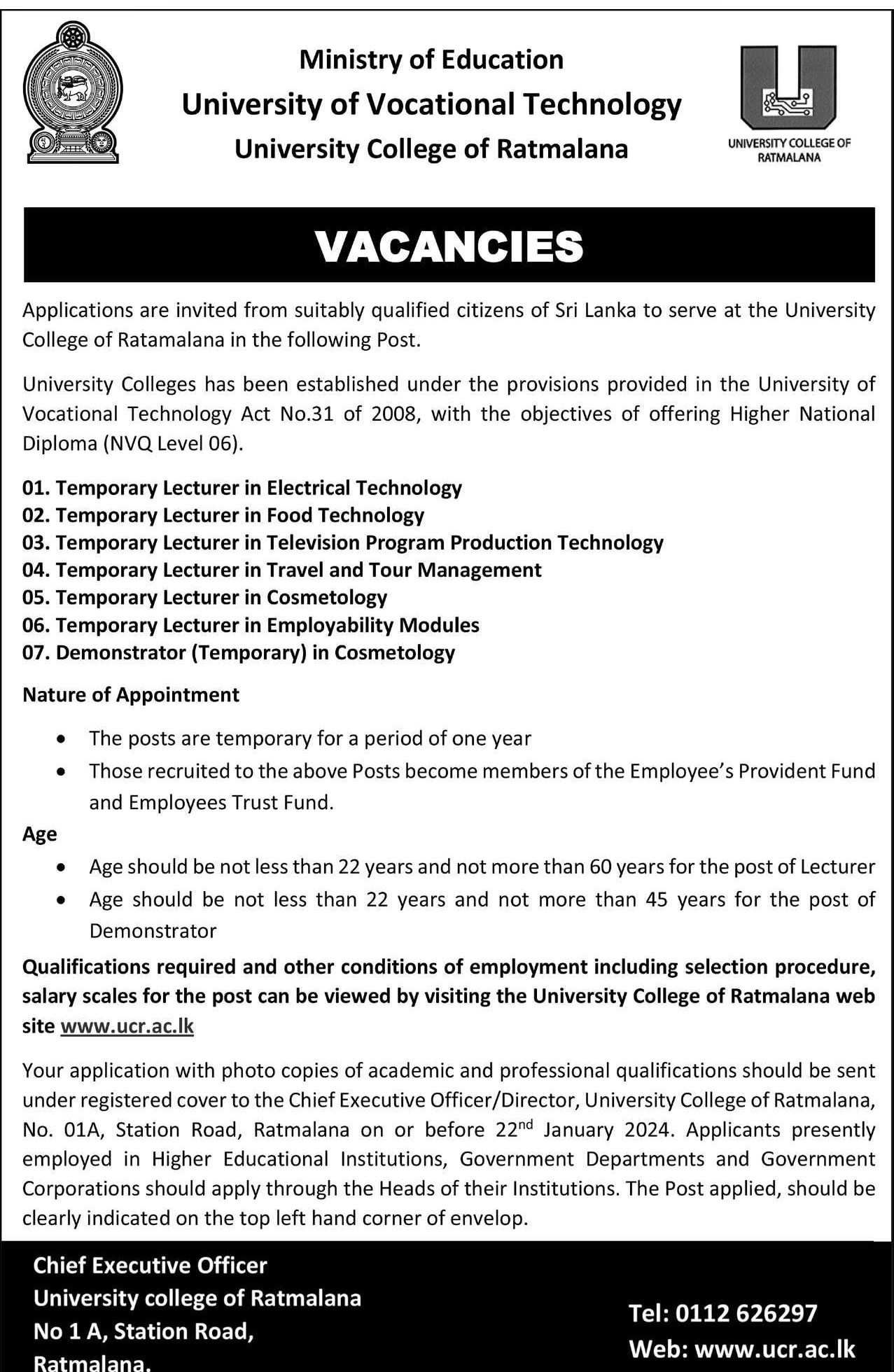 Temporary Lecturer, Demonstrator - University College of Rathmalana - University of Vocational Technology