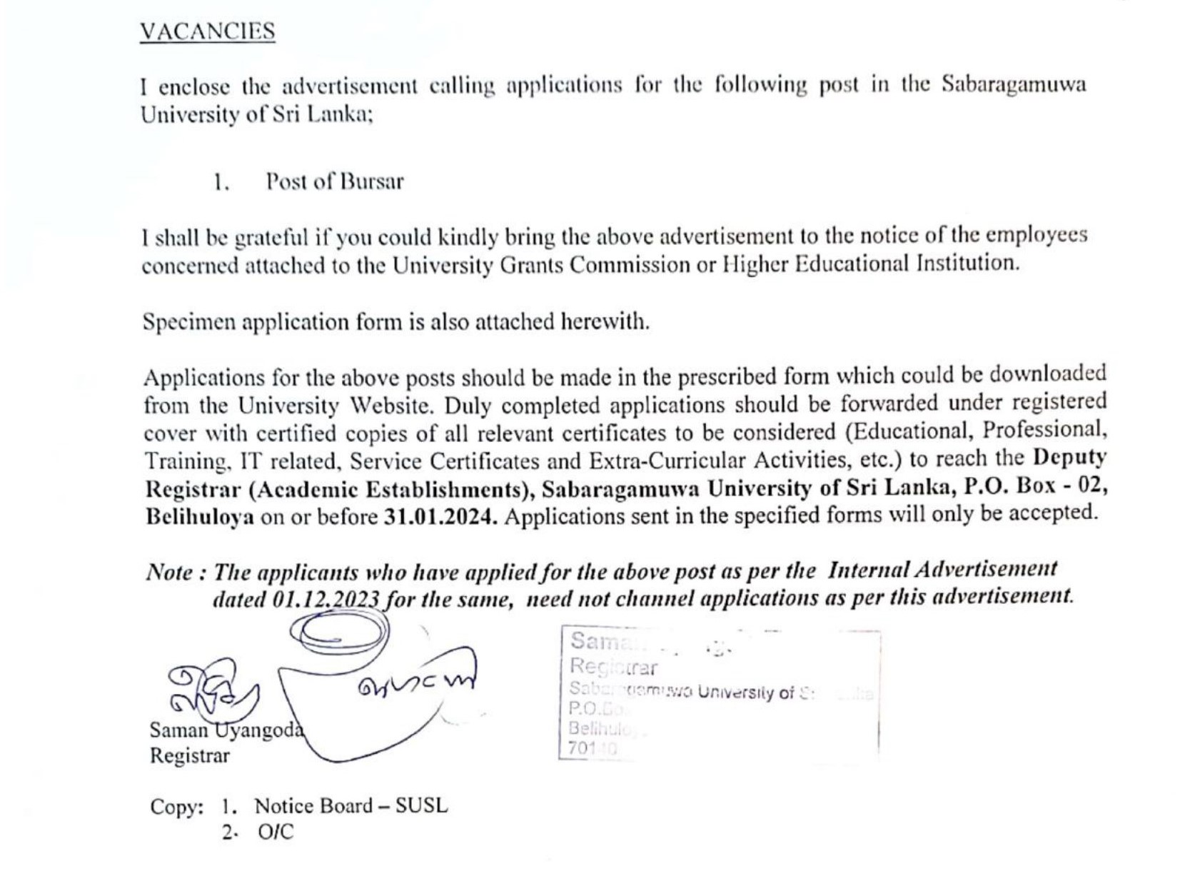 Bursar - Sabaragamuwa University of Sri Lanaka