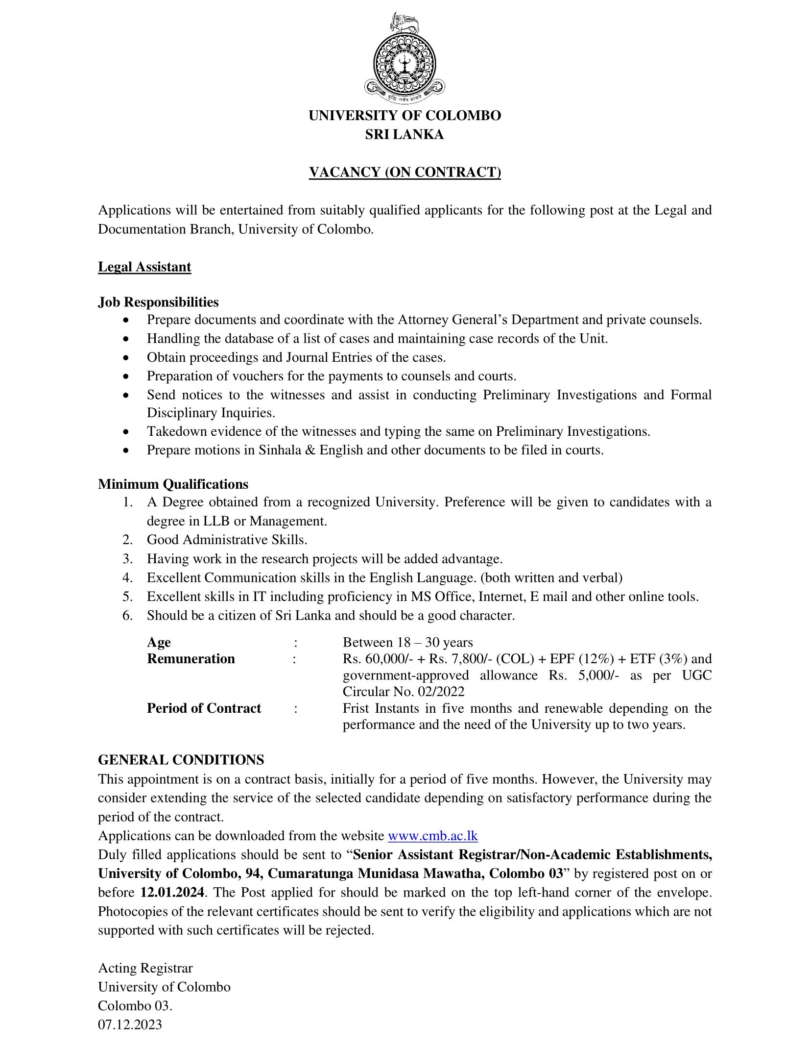 Legal Assistant - University of Colombo