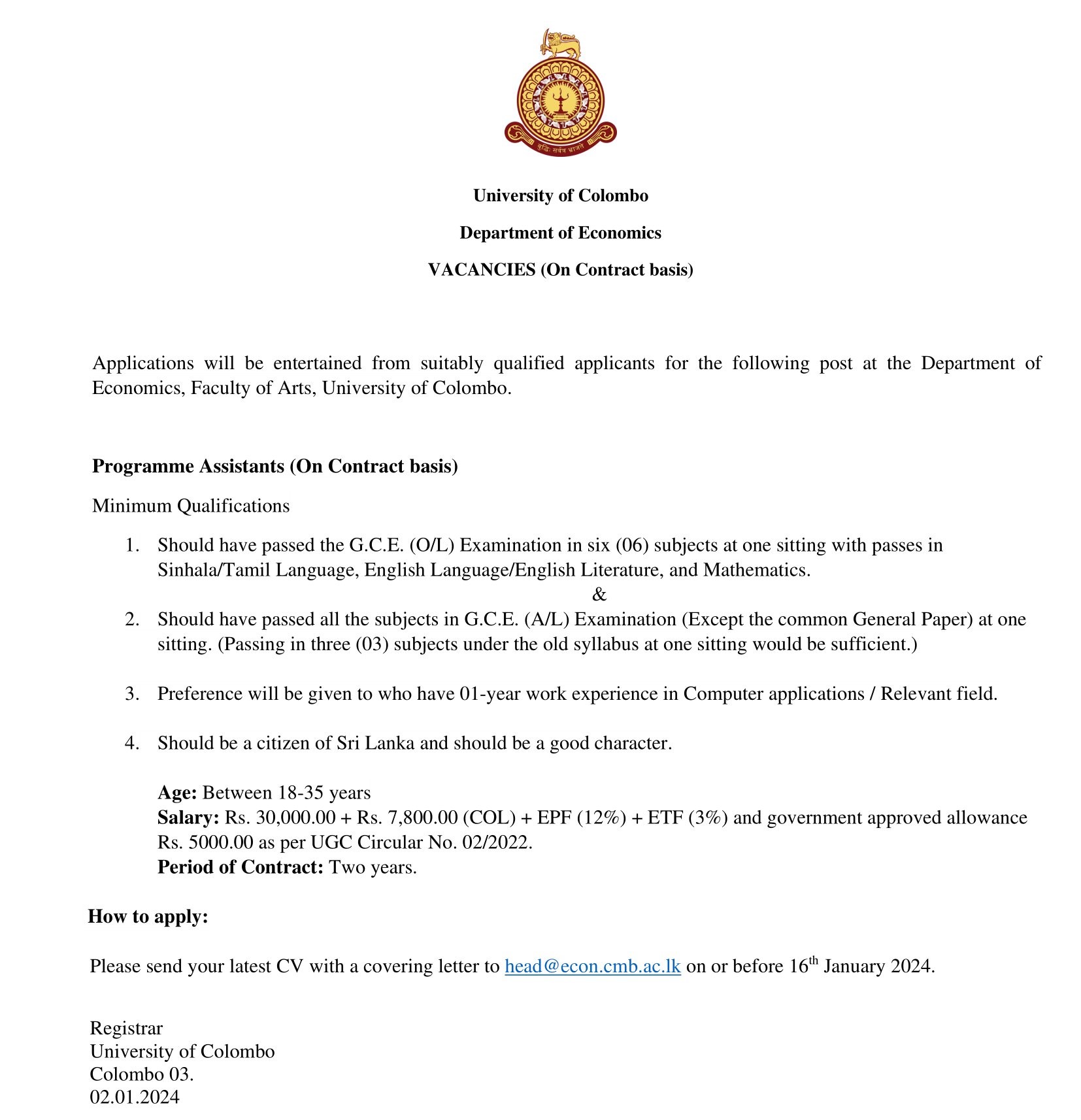 Programme Assistant - University of Colombo