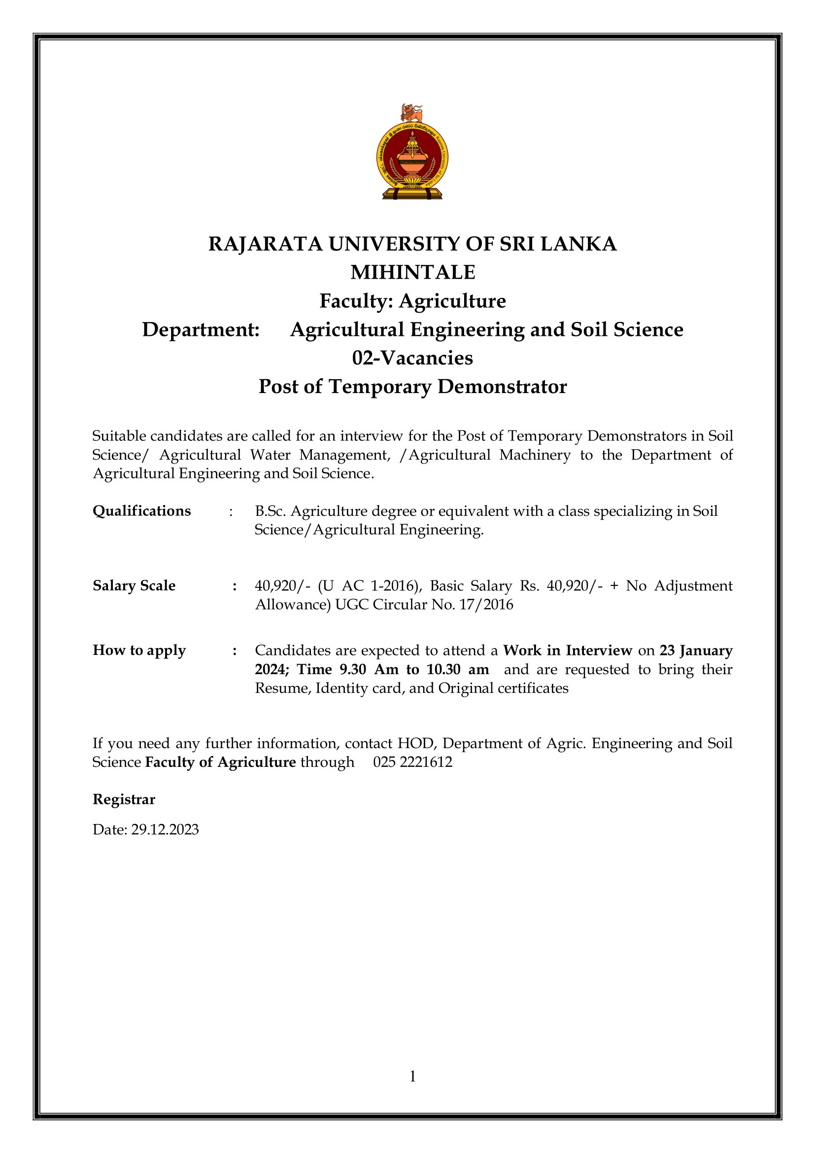 Temporary Demonstrator - Rajarata University of Sri Lanka