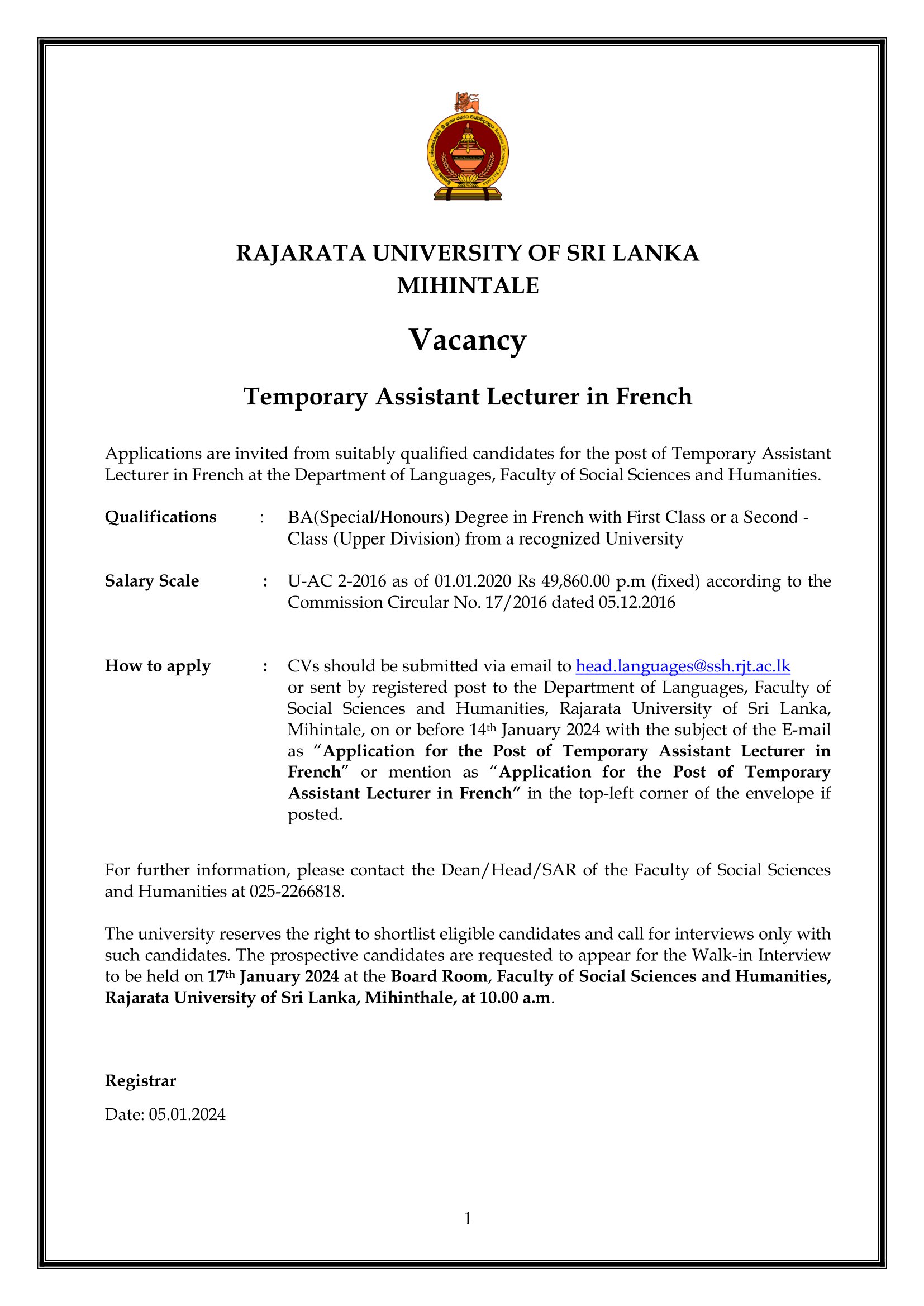 Temporary Assistant Lecturer in French - Rajarata University of Sri Lanka