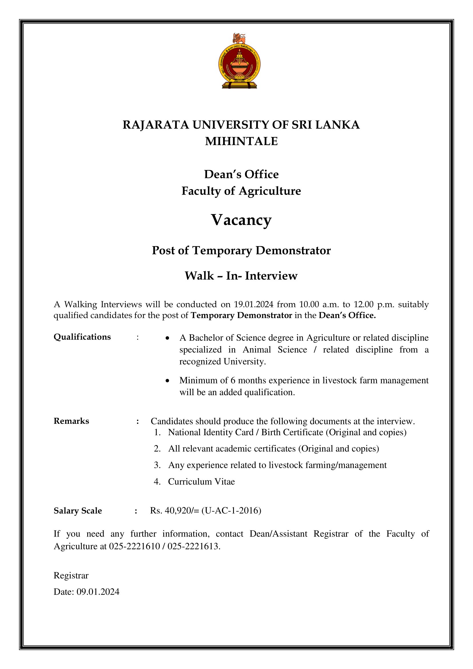Temporary Demonstrator - Rajarata University of Sri Lanka