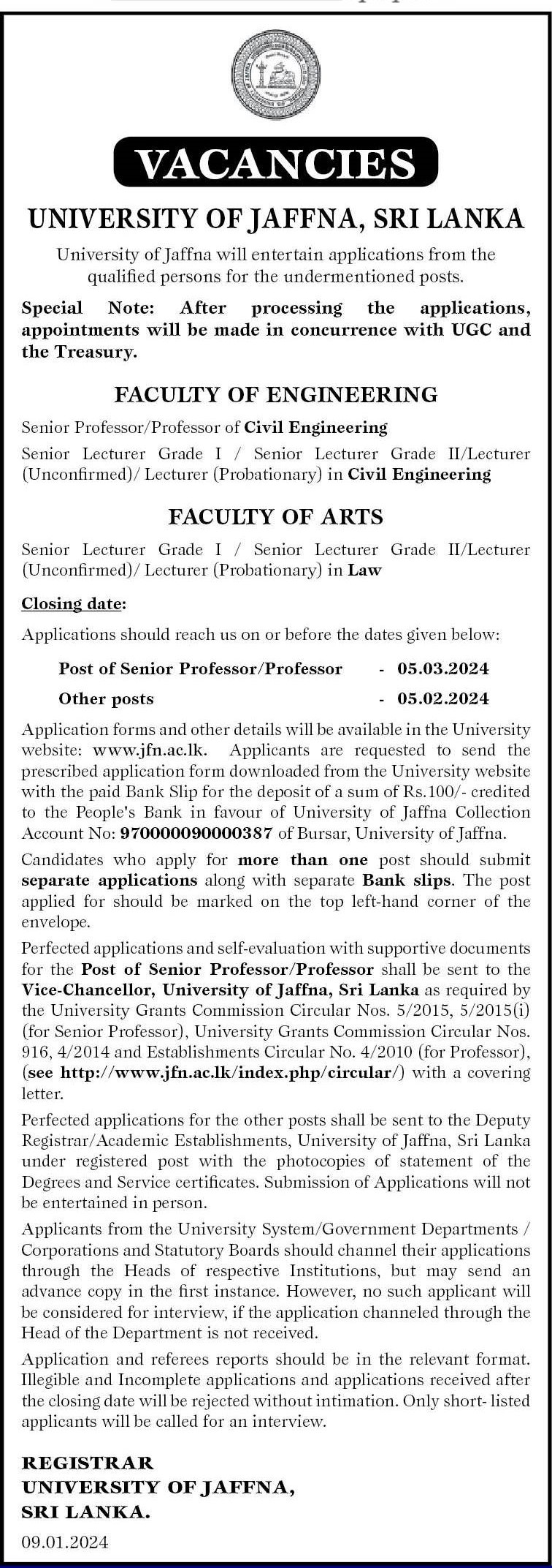 Senior Lecturer, Lecturer, Senior Professor, Professor - University of Jaffna