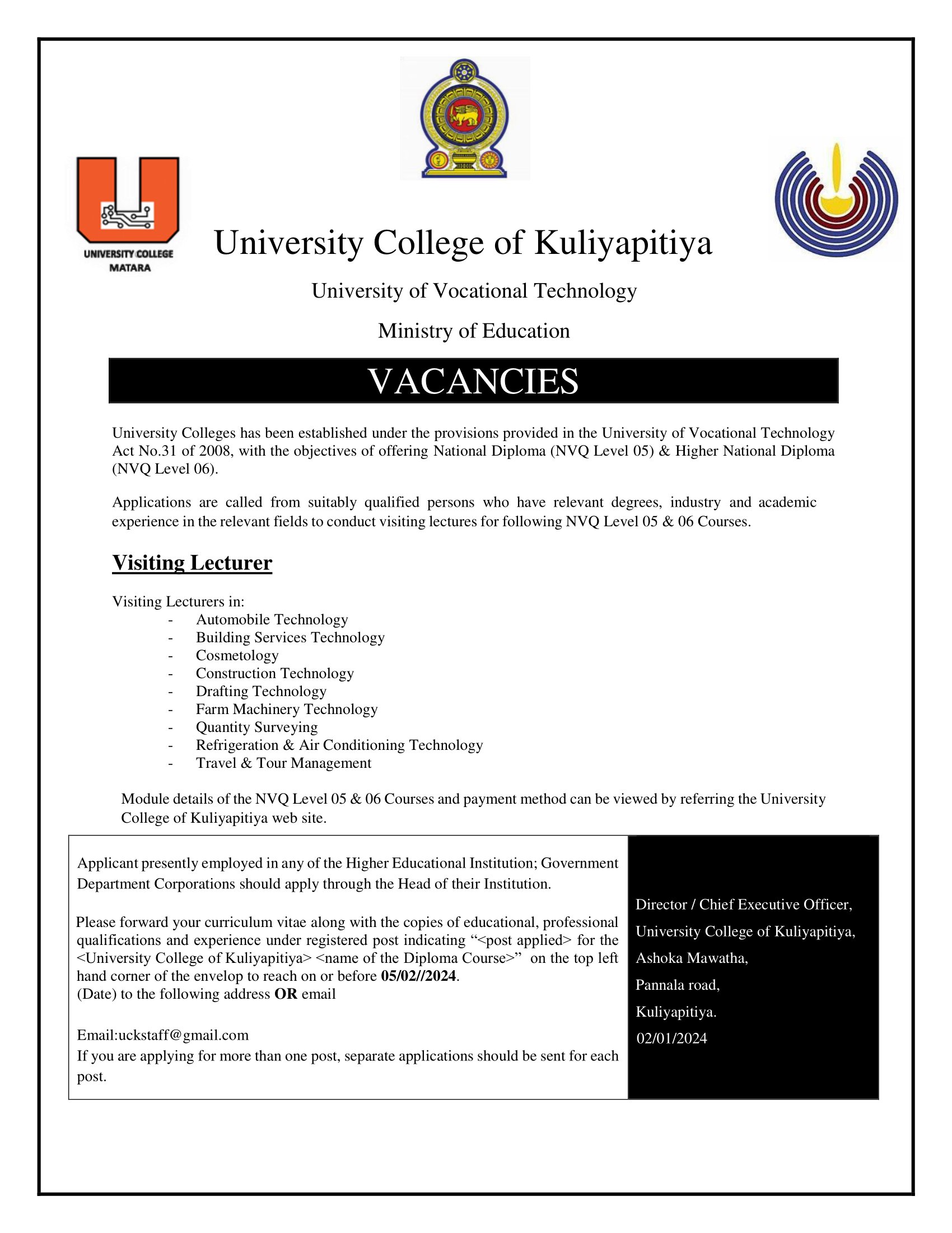 Visiting Lecturer - University College of Kuliyapitiya