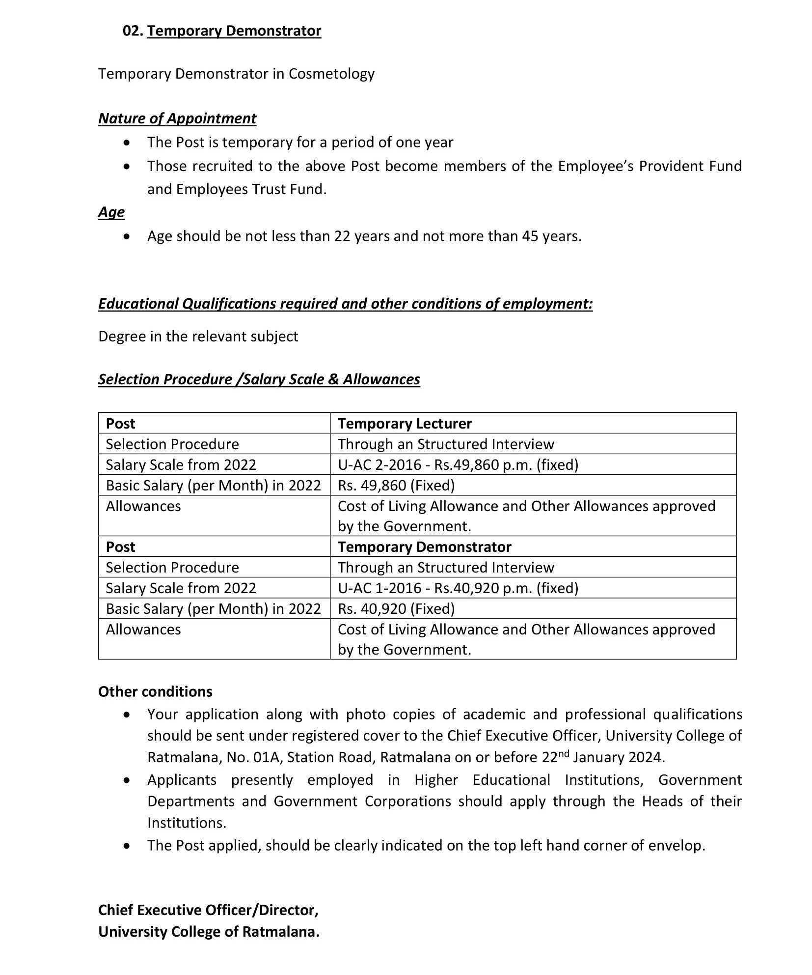 Temporary Lecturer, Temporary Demonstrator - University College of Rathmalana - University of Vocational Technology