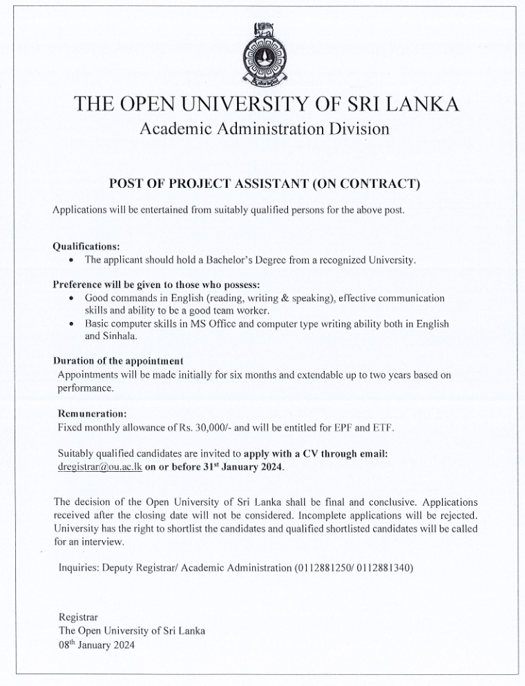 Project Assistant - The Open University of Sri Lanka