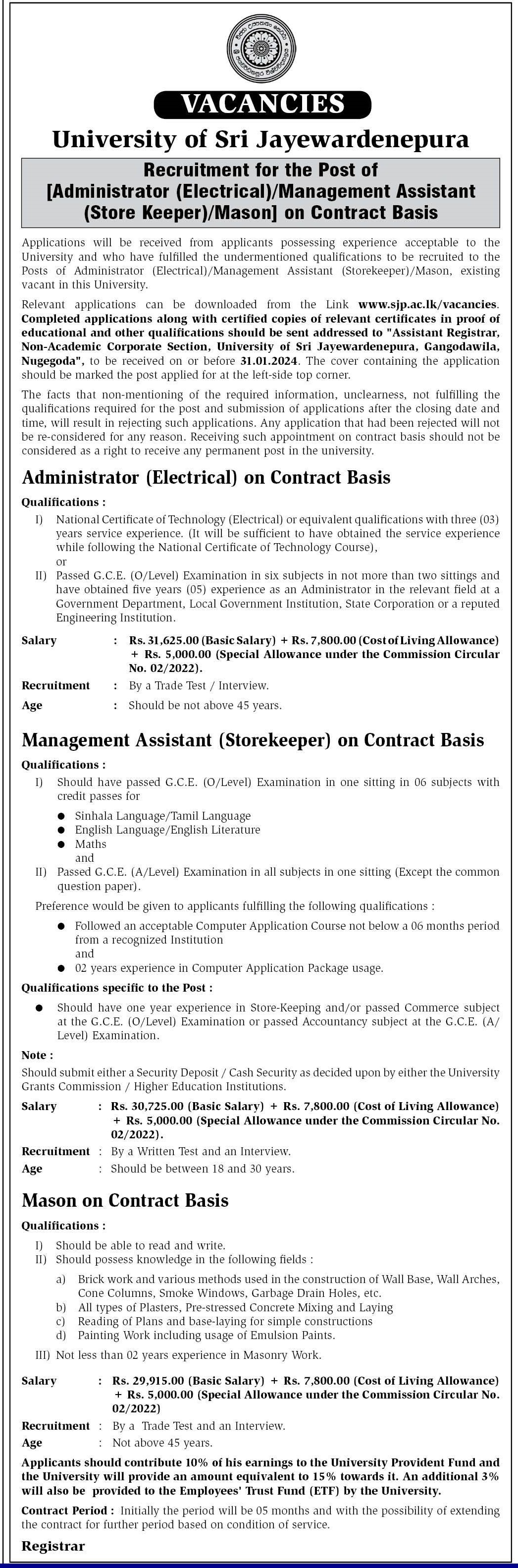 Management Assistant (Storekeeper), Administrator (Electrical), Meson - University of Sri Jayewardenepura