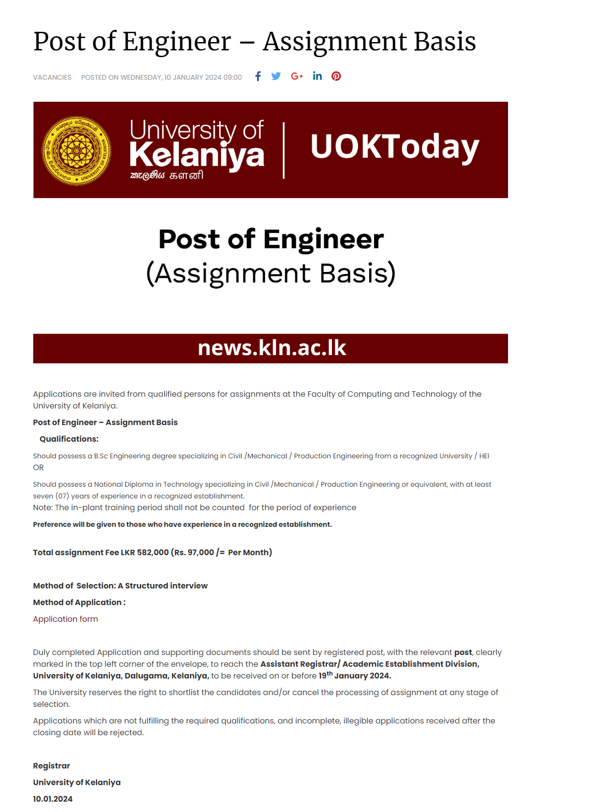 Engineer - University of Kelaniya