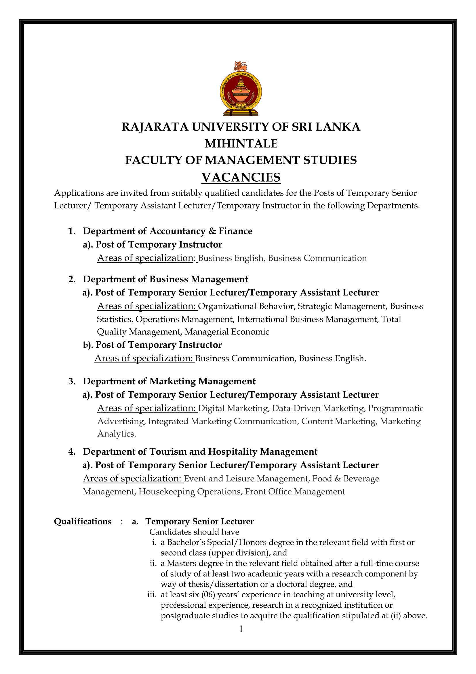 Temporary Instructor, Temporary Senior Lecturer, Temporary Assistant Lecturer - Rajarata University of Sri Lanka