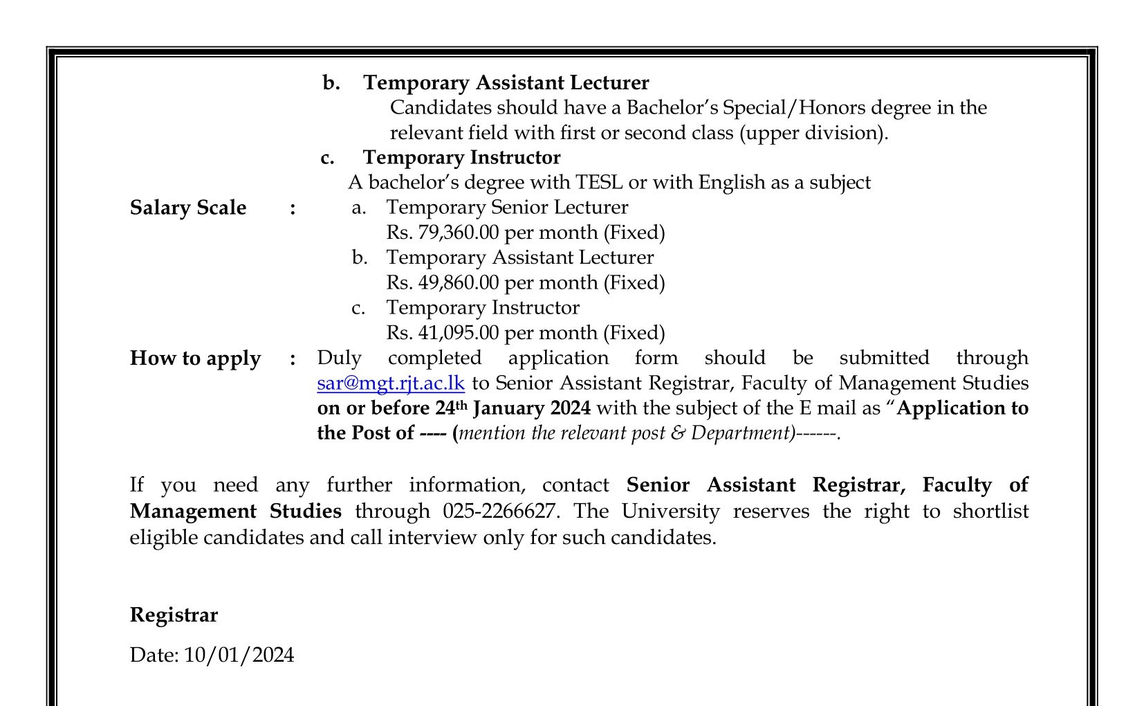 Temporary Instructor, Temporary Senior Lecturer, Temporary Assistant Lecturer - Rajarata University of Sri Lanka