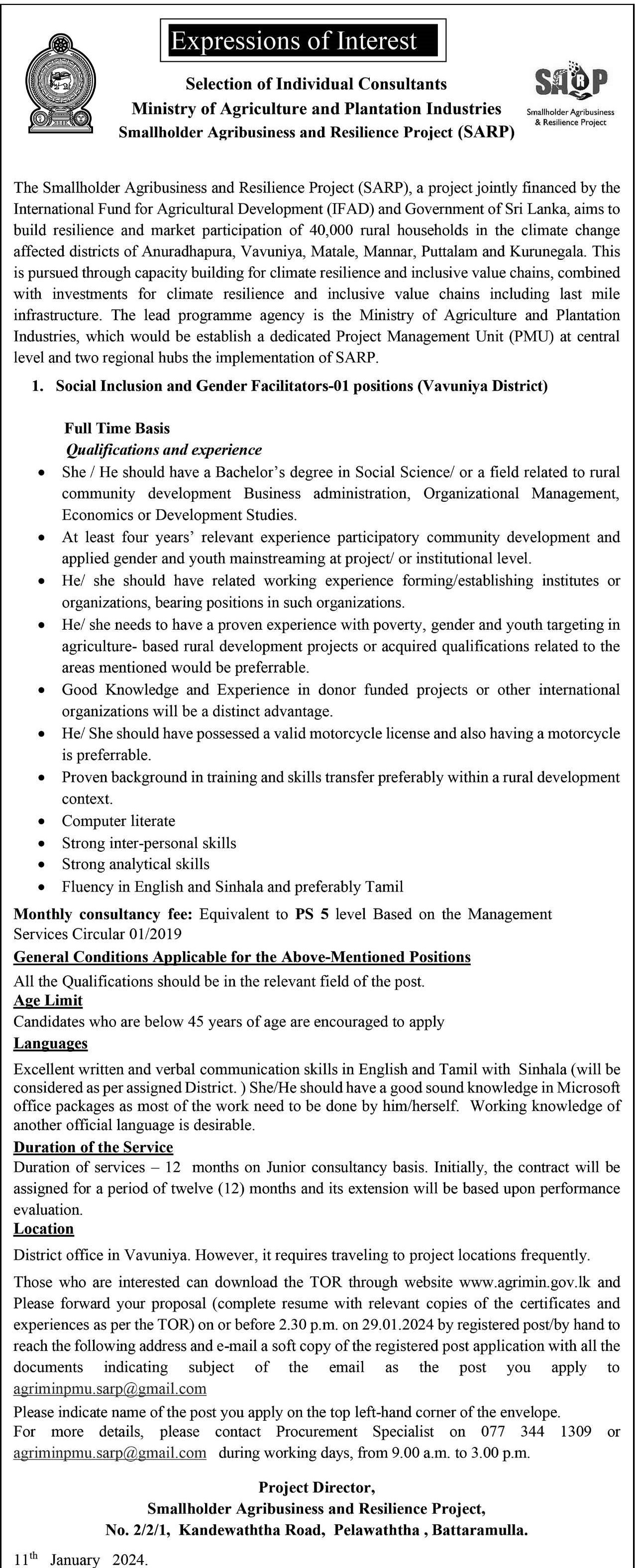 Social Inclusion & Gender Facilitator - Smallholder Agribusiness & Resilience Project - Ministry of Agriculture & Plantation Industries