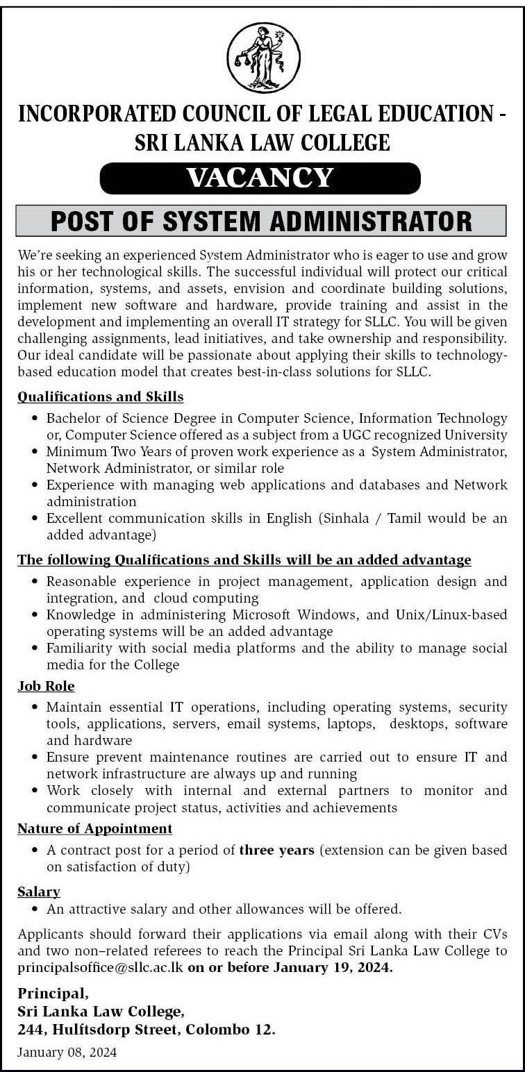 System Administrator - Sri Lanka Law College