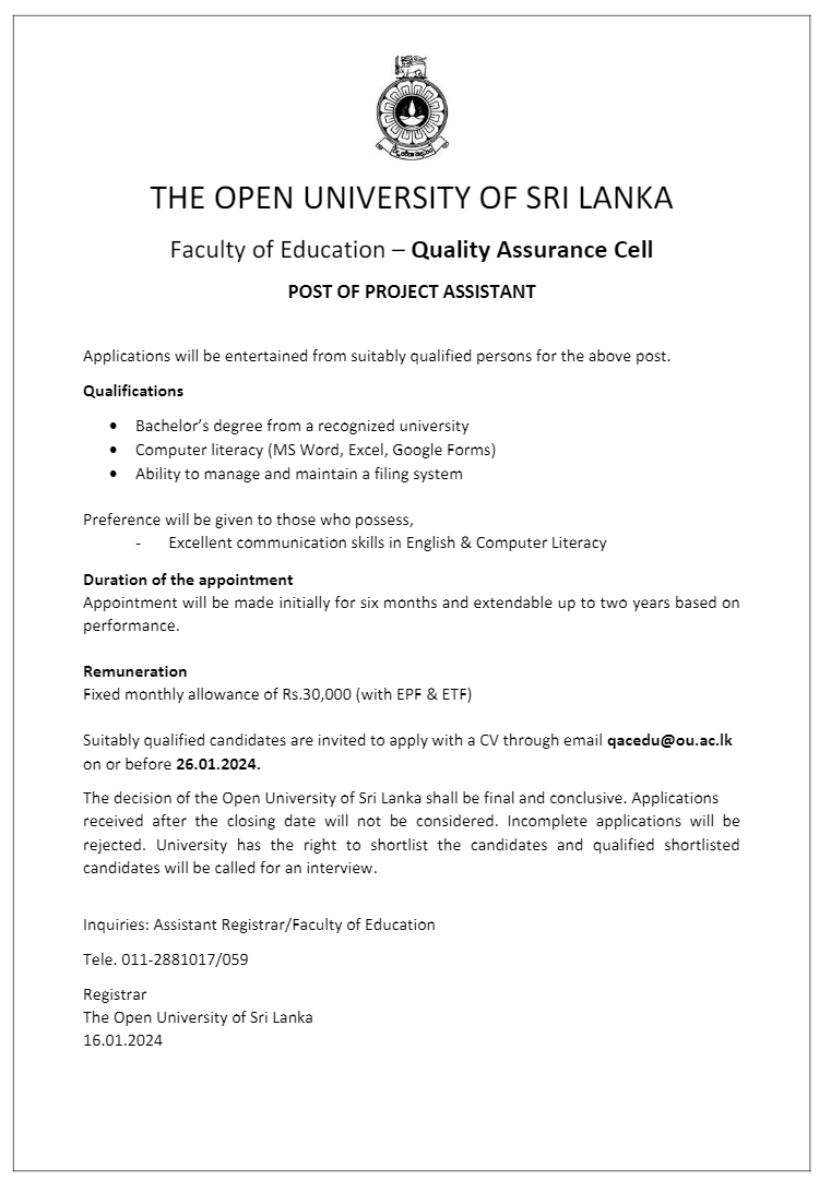 Project Assistant, Operations Assistant - The Open University of Sri Lanka