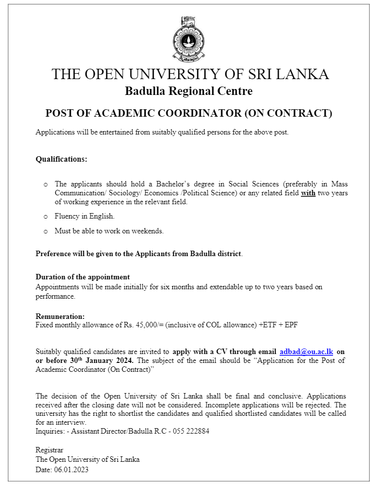 Academic Coordinator, Operations Assistant, Project Assistant - The Open University of Sri Lanka