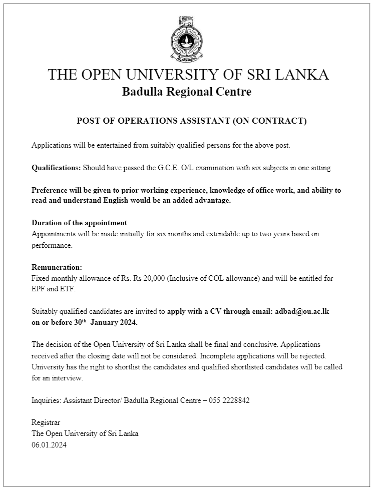 Academic Coordinator, Operations Assistant, Project Assistant - The Open University of Sri Lanka