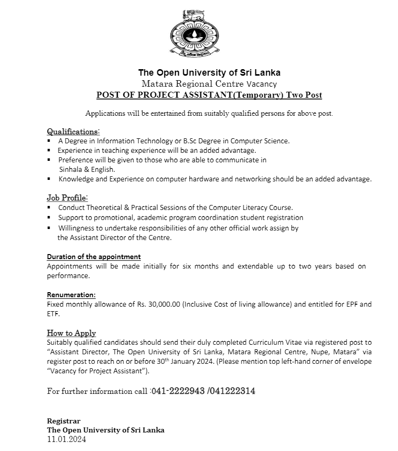 Academic Coordinator, Operations Assistant, Project Assistant - The Open University of Sri Lanka