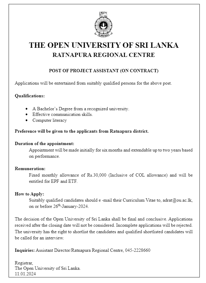 Project Assistant, Operations Assistant - The Open University of Sri Lanka