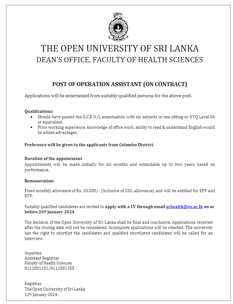 Project Assistant, Operations Assistant - The Open University of Sri Lanka