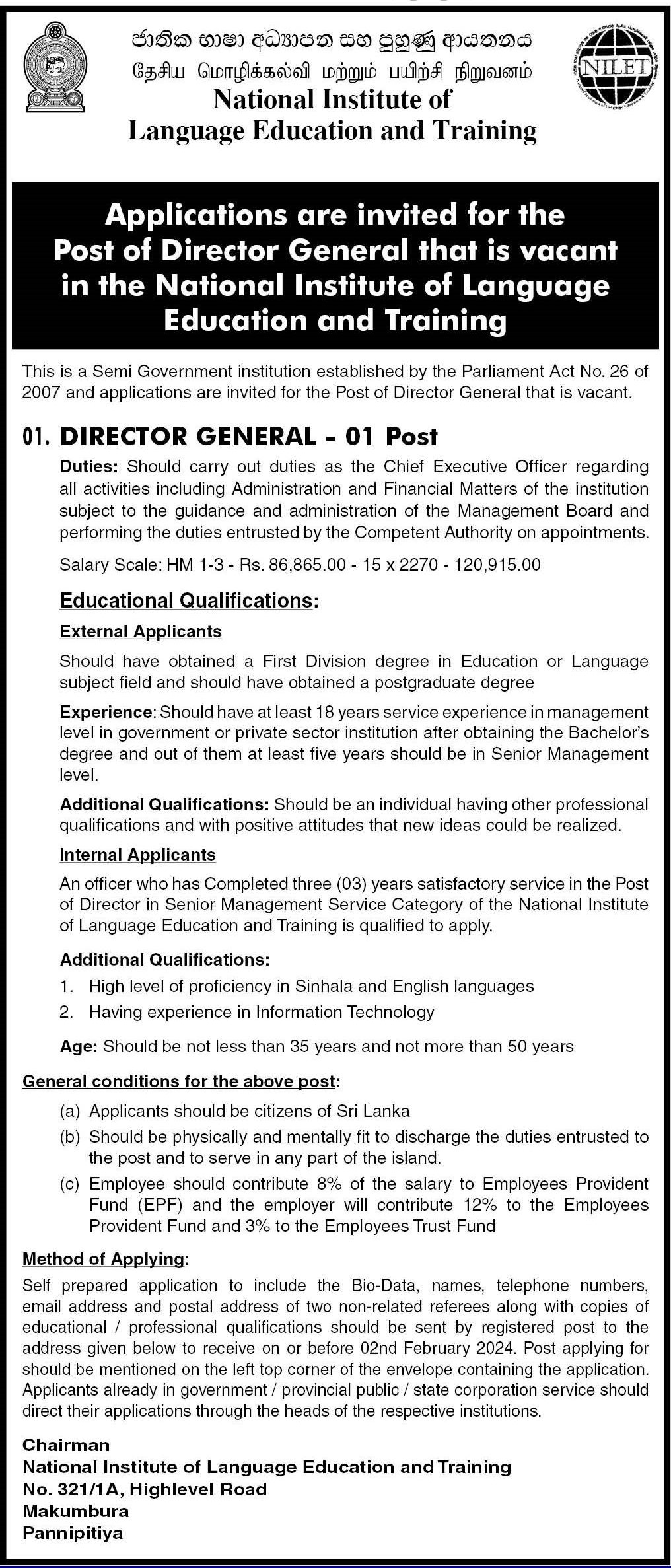 Director General - National Institute of Language Education & Training 