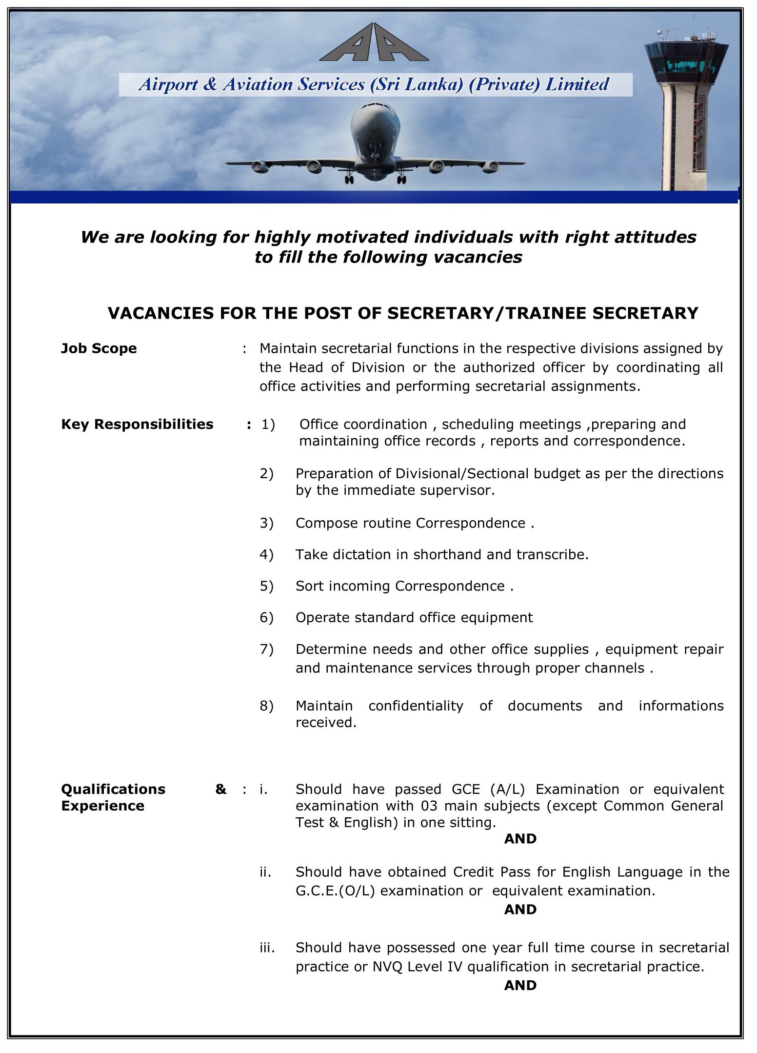 Secretary/Trainee Secretary - Airport & Aviation Services (Sri Lanka) (Private) Limited 