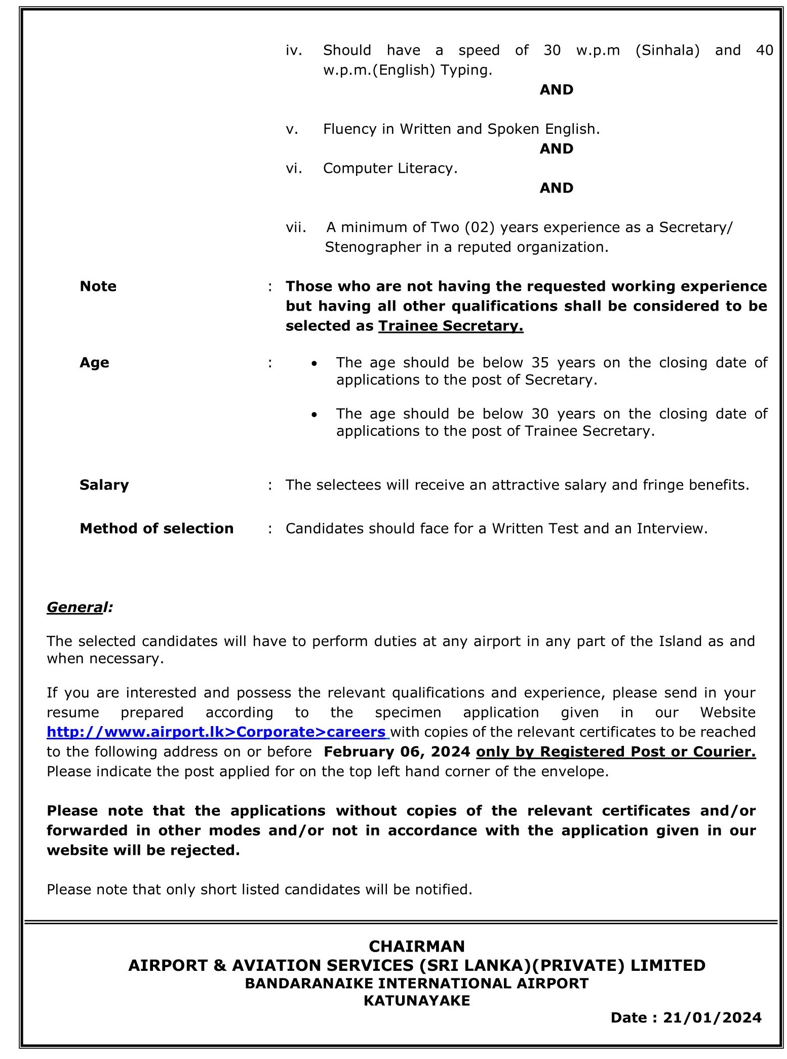 Secretary/Trainee Secretary - Airport & Aviation Services (Sri Lanka) (Private) Limited 