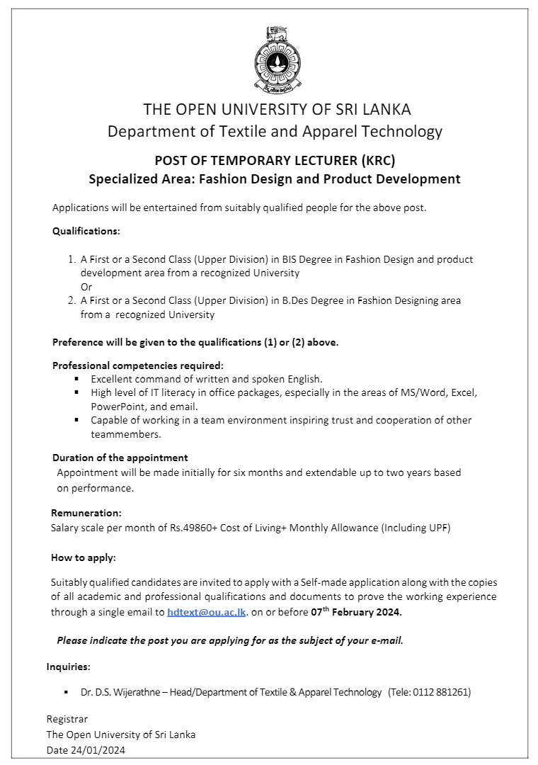 Temporary Lecturer, Academic Coordinator, Assistant Librarian, Project Assistant - The Open University of Sri Lanka