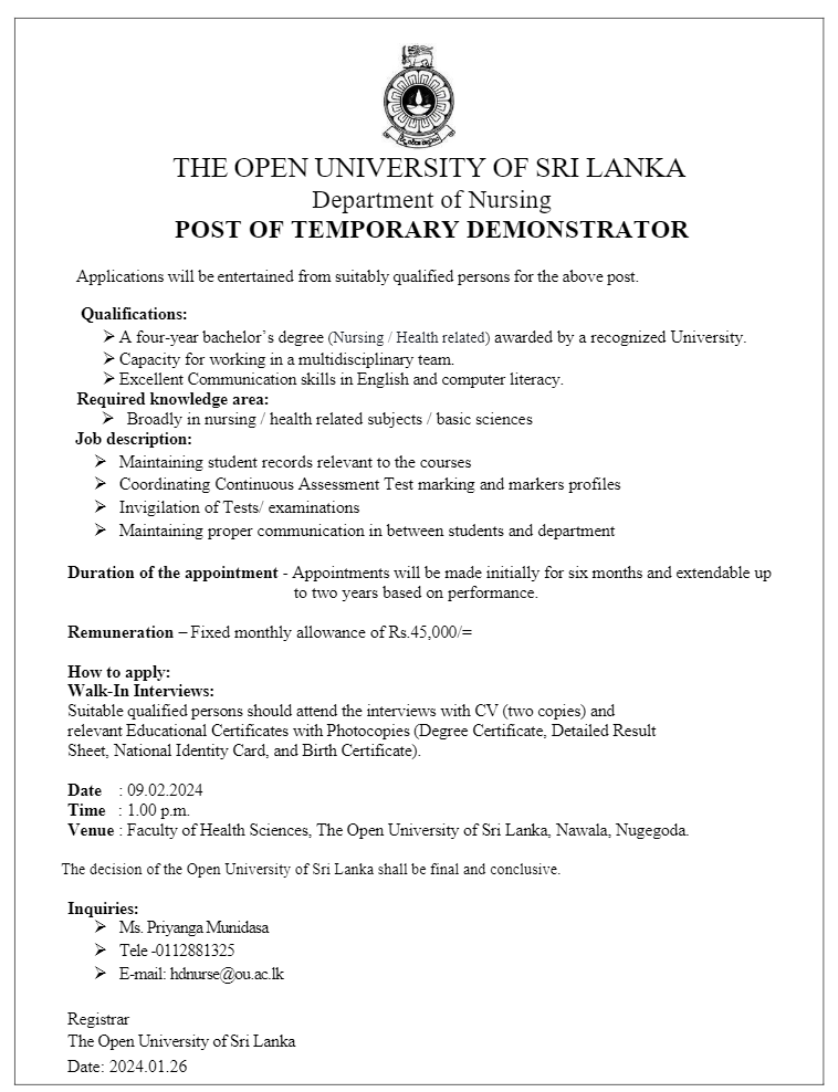 Temporary Demonstrator, Temporary Lecturer, Academic Coordinator - The Open University of Sri Lanka