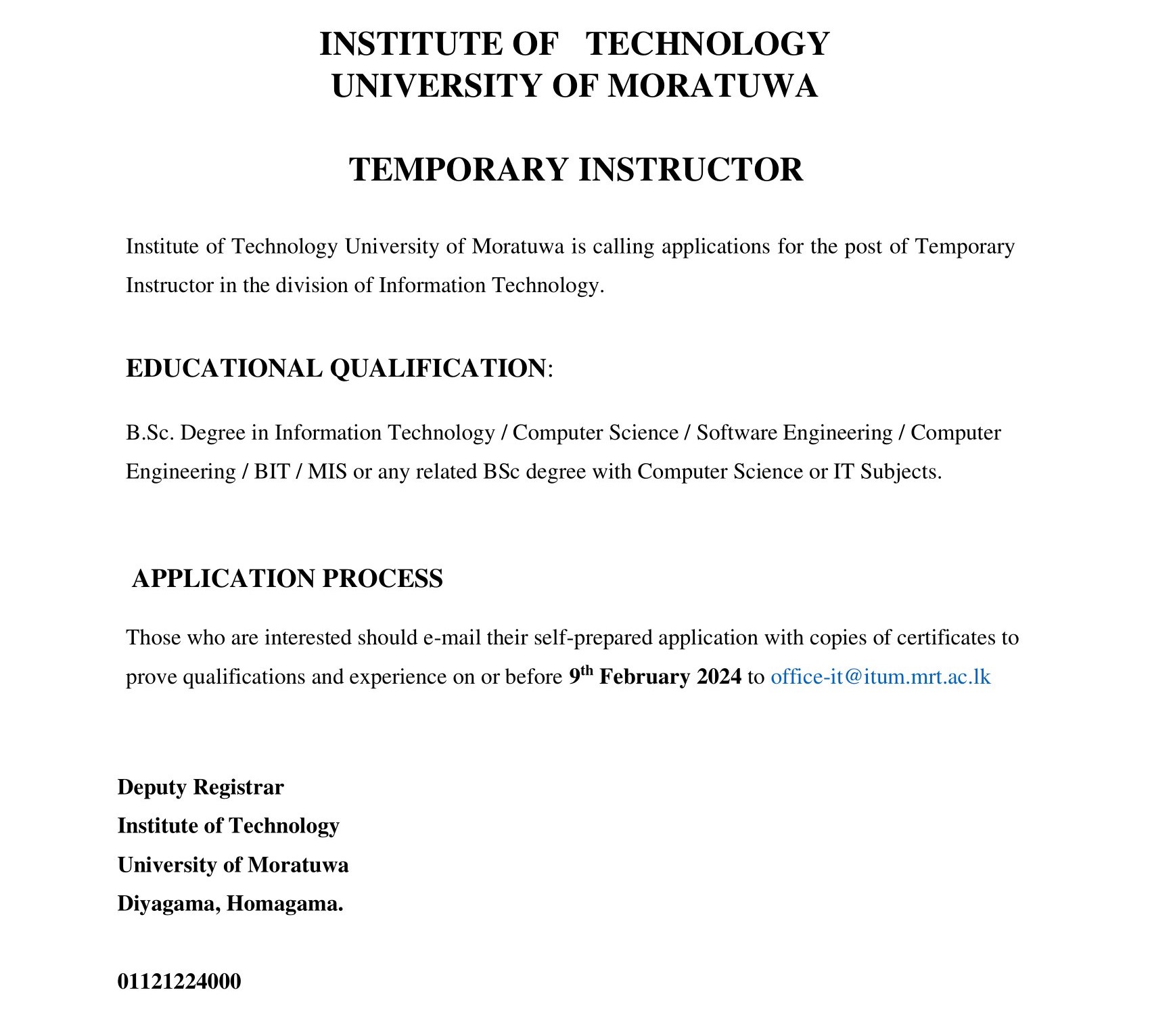 Temporary Instructor - Institute of Technology - University of Moratuwa