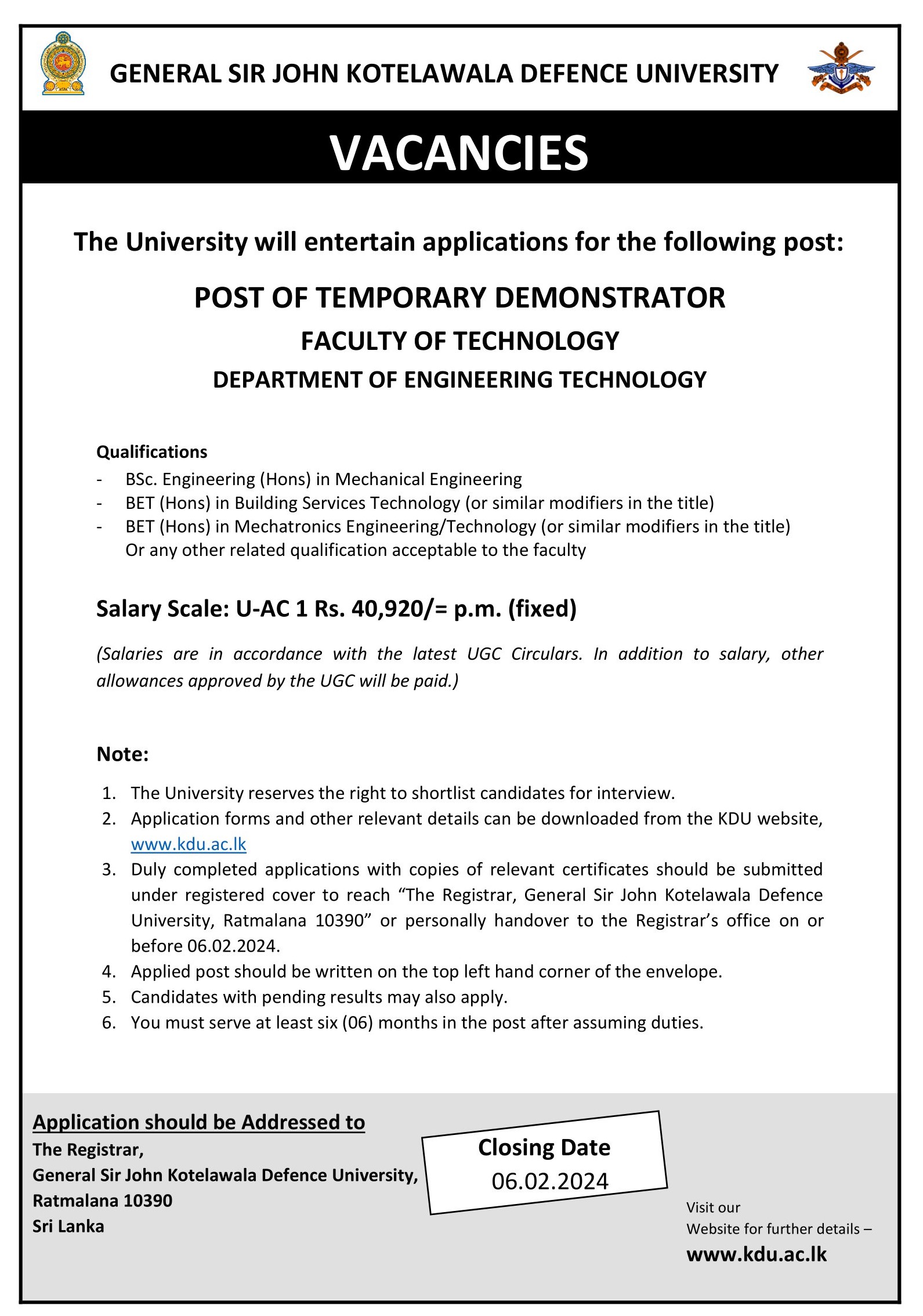 Temporary Demonstrator - General Sir John Kotelawala Defence University