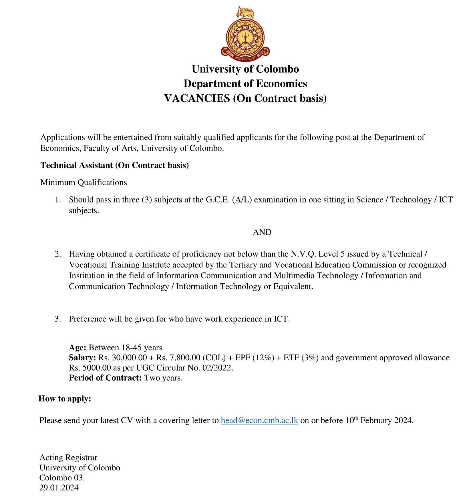 Technical Assistant - Department of Economics - University of Colombo