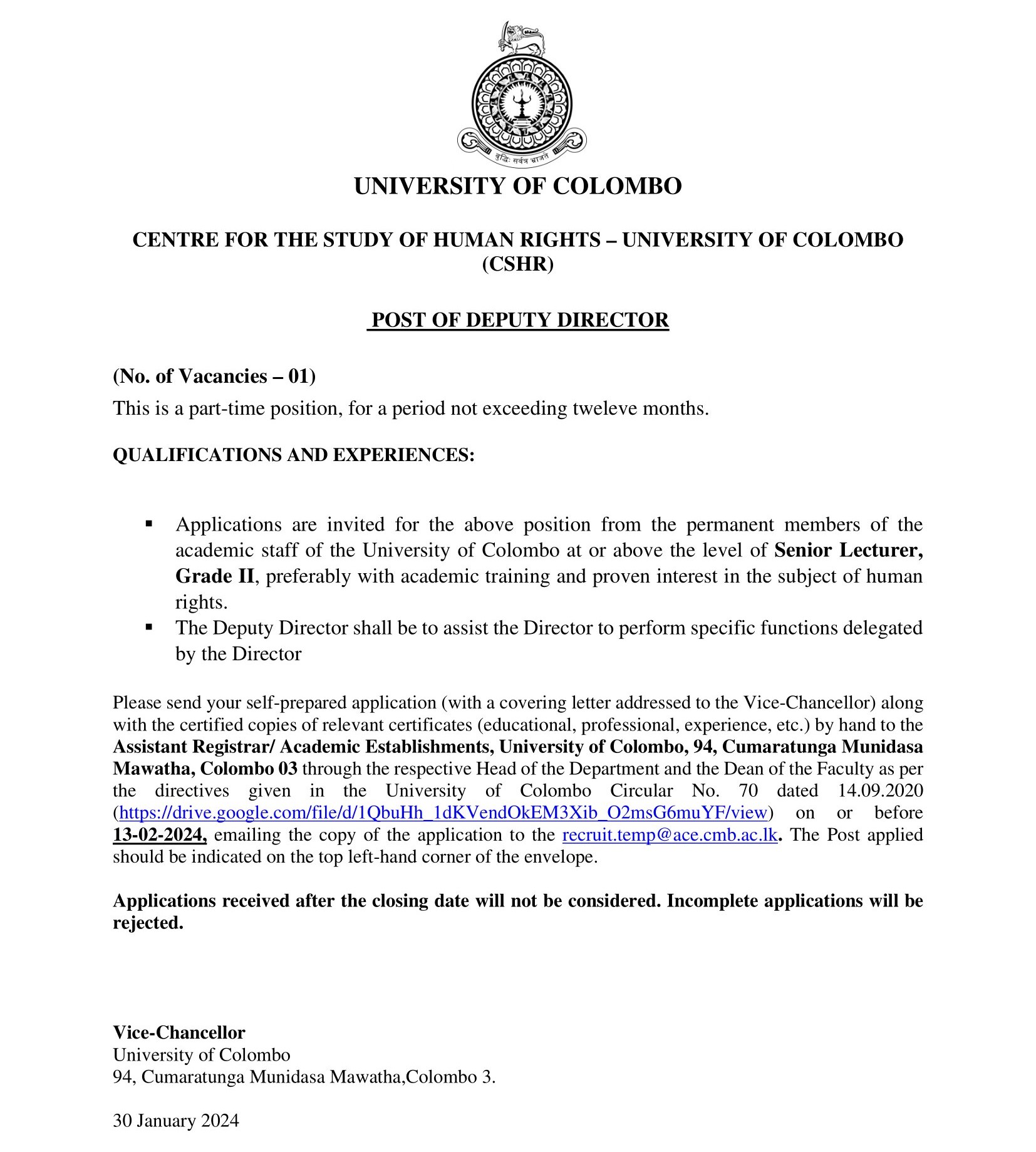 Deputy Director - Centre for the Study of Human Rights - University of Colombo