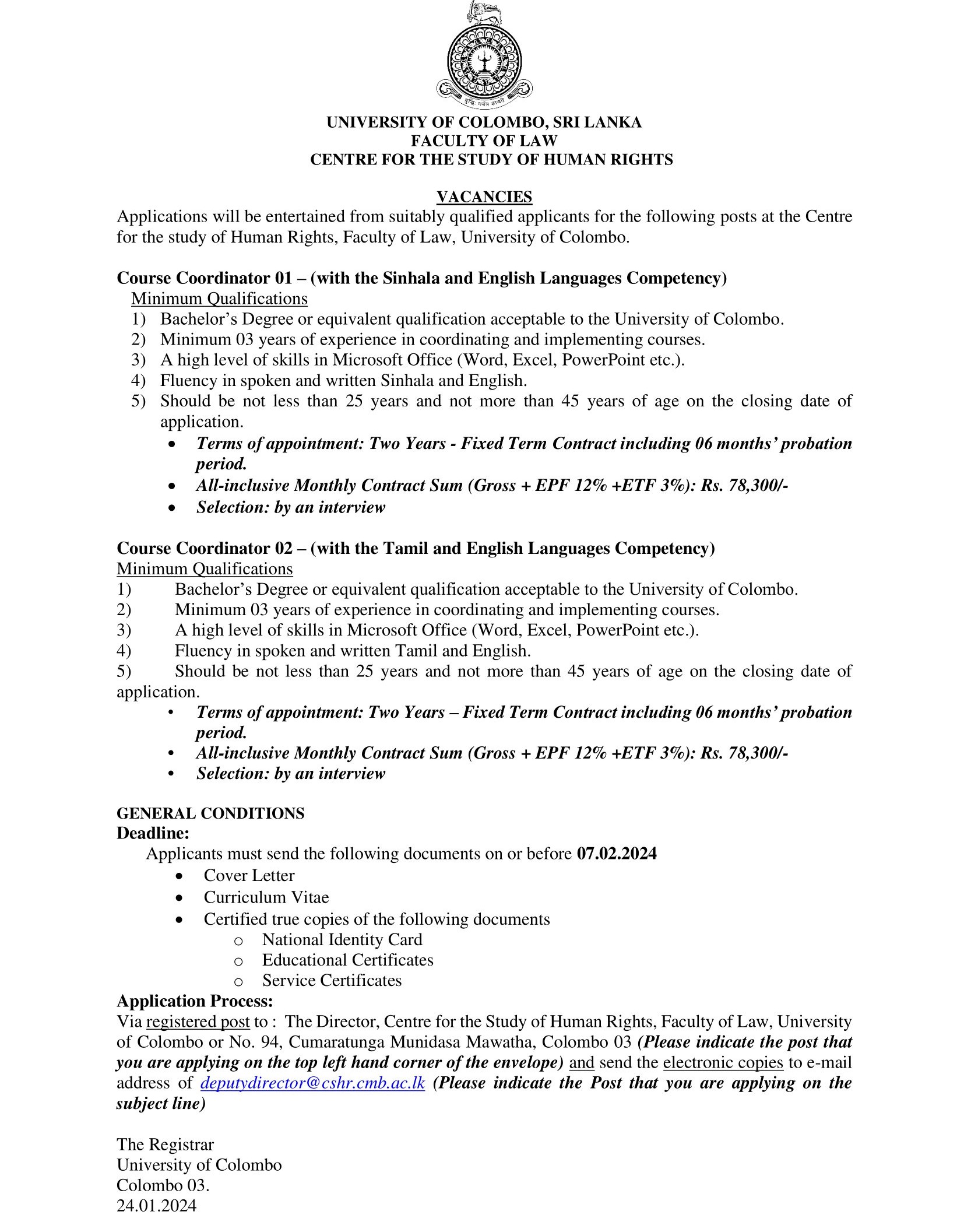 Course Coordinator, Administrative Assistant - Faculty of Law - University of Colombo