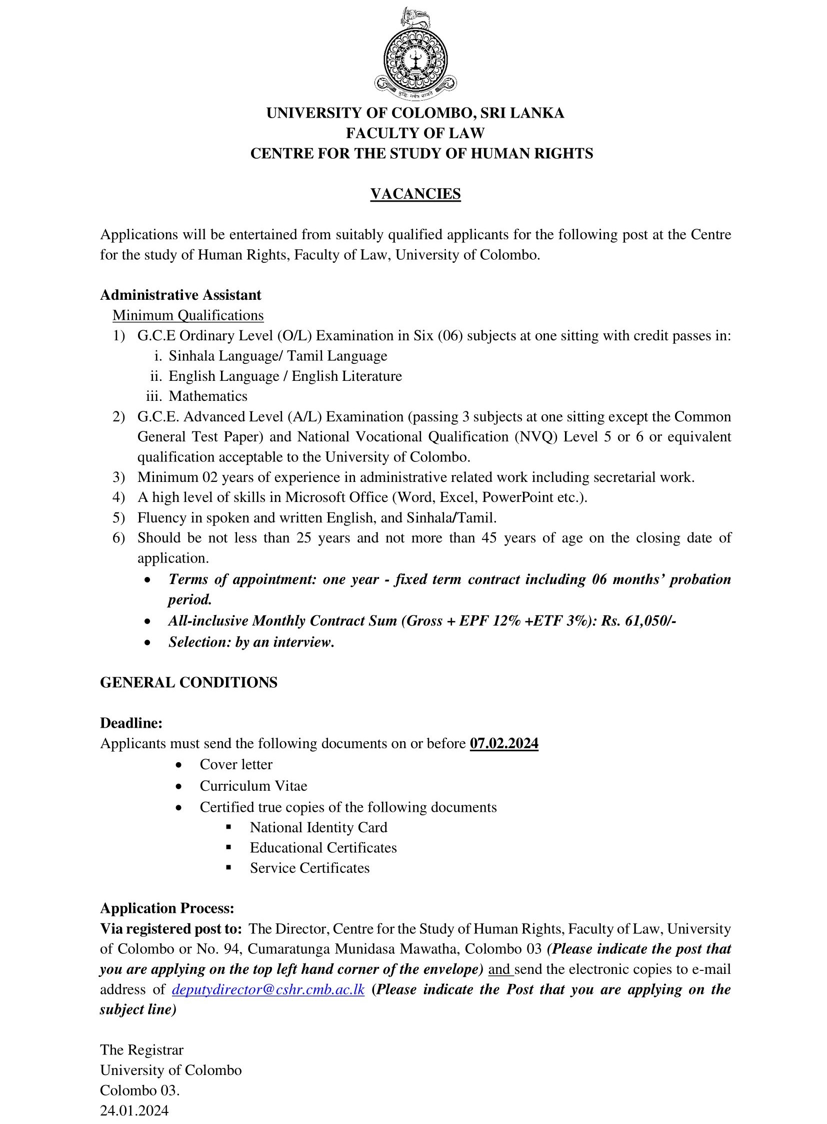 Course Coordinator, Administrative Assistant - Faculty of Law - University of Colombo