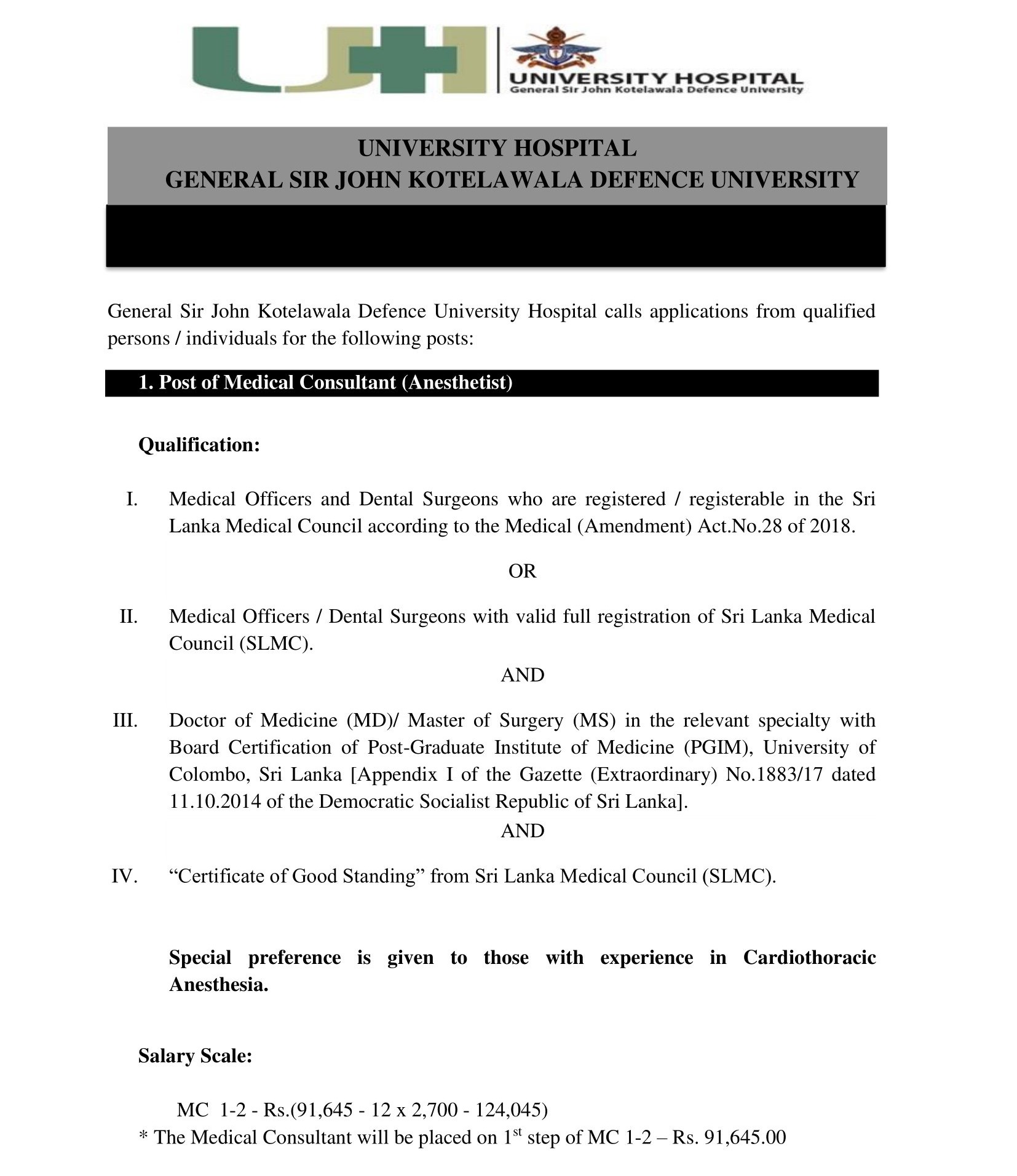 Medical Consultant (Anesthetist), Nursing Officer, ECG Recordist - University Hospital - General Sir John Kotelawala Defence University