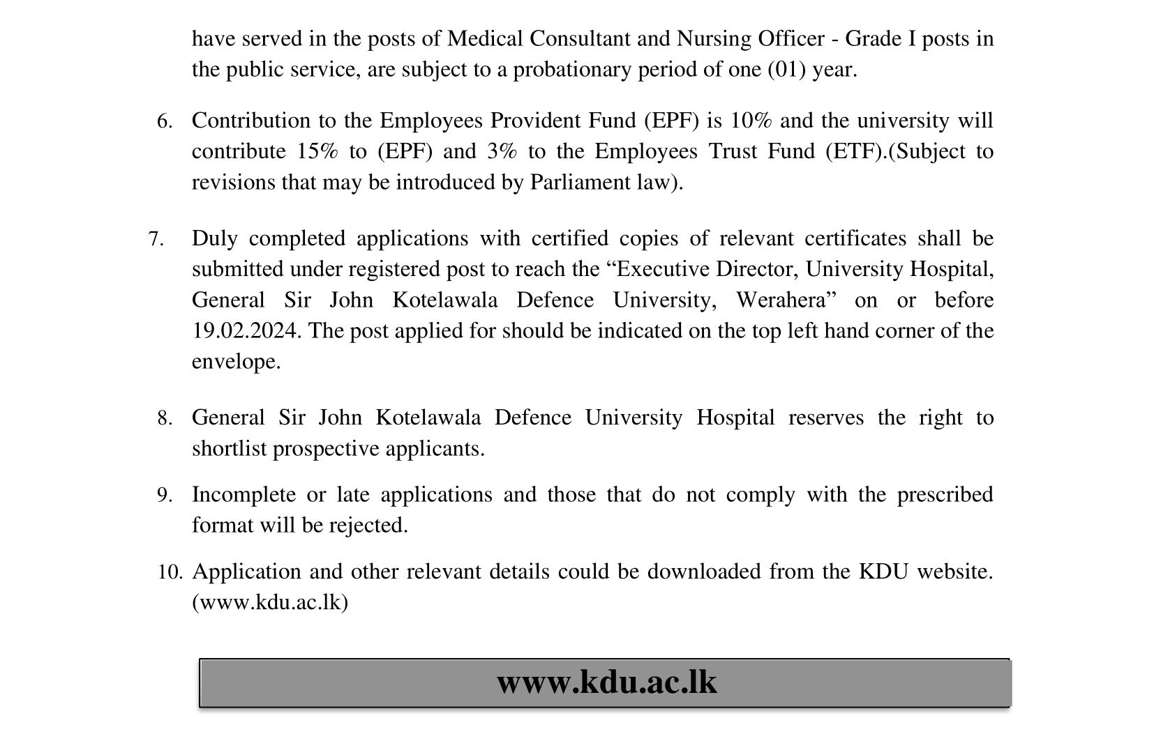 Medical Consultant (Anesthetist), Nursing Officer, ECG Recordist - University Hospital - General Sir John Kotelawala Defence University